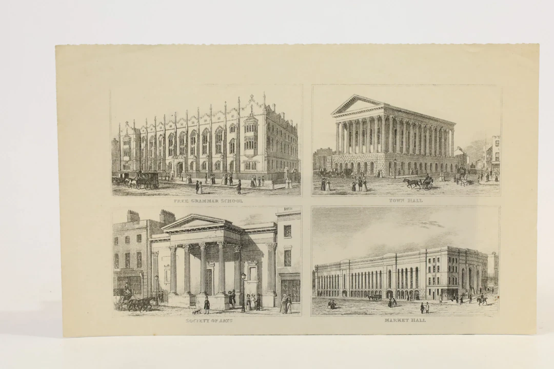 ENGLAND, BIRMINGHAM. FYRA VYER ÖVER OFFENTLIGA BYGGNADER, OMKRING 1840