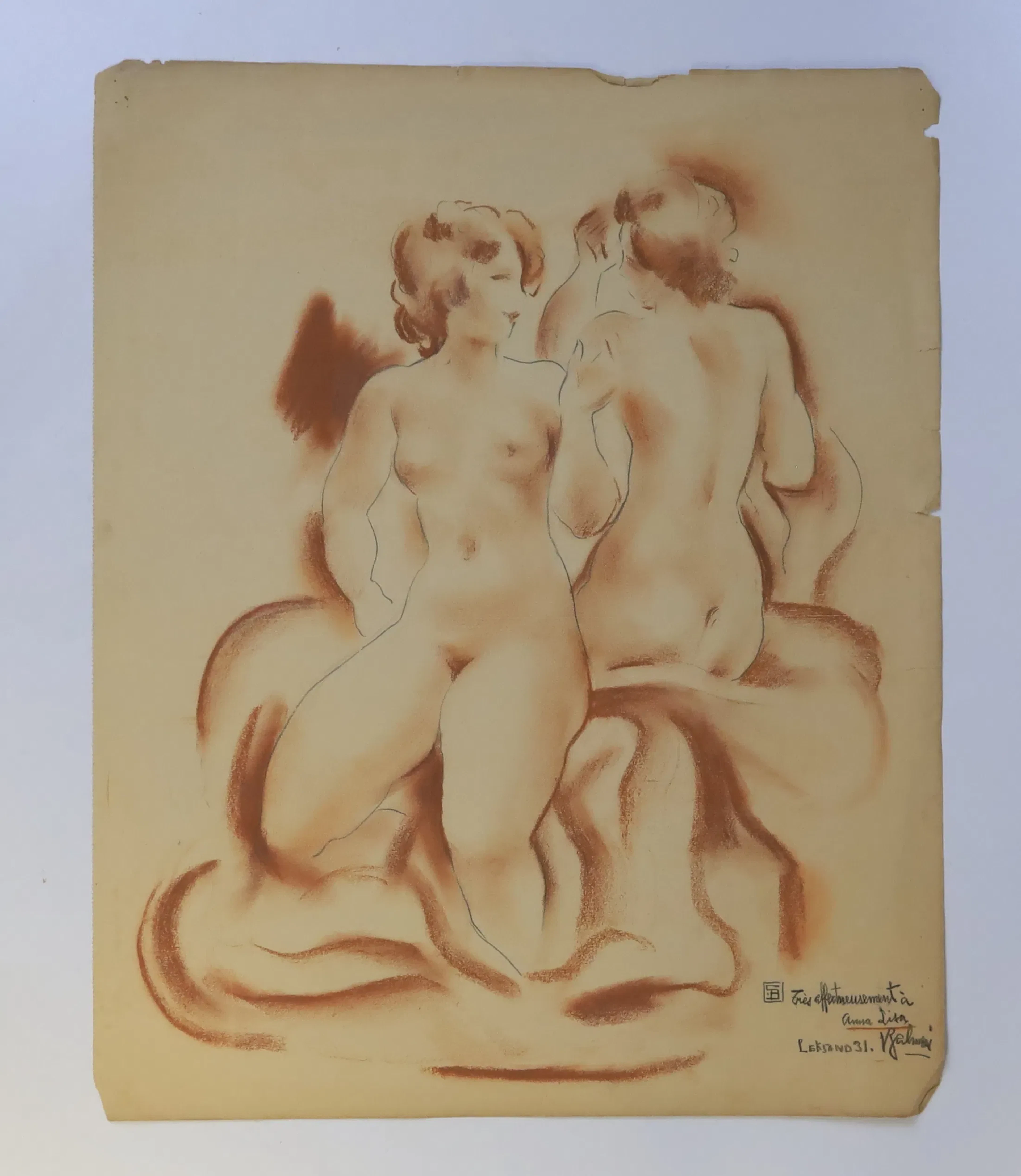 SVERIGE – TVÅ KVINNOAKTER, RÖDKRITA OCH BLYERTS, DATERAD LEKSAND 1931