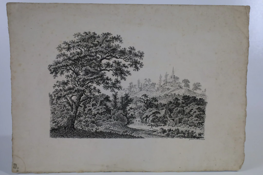 W. KRAPPE, gravör. Landskap med kyrka och gårdsbebyggelse, kopparstick