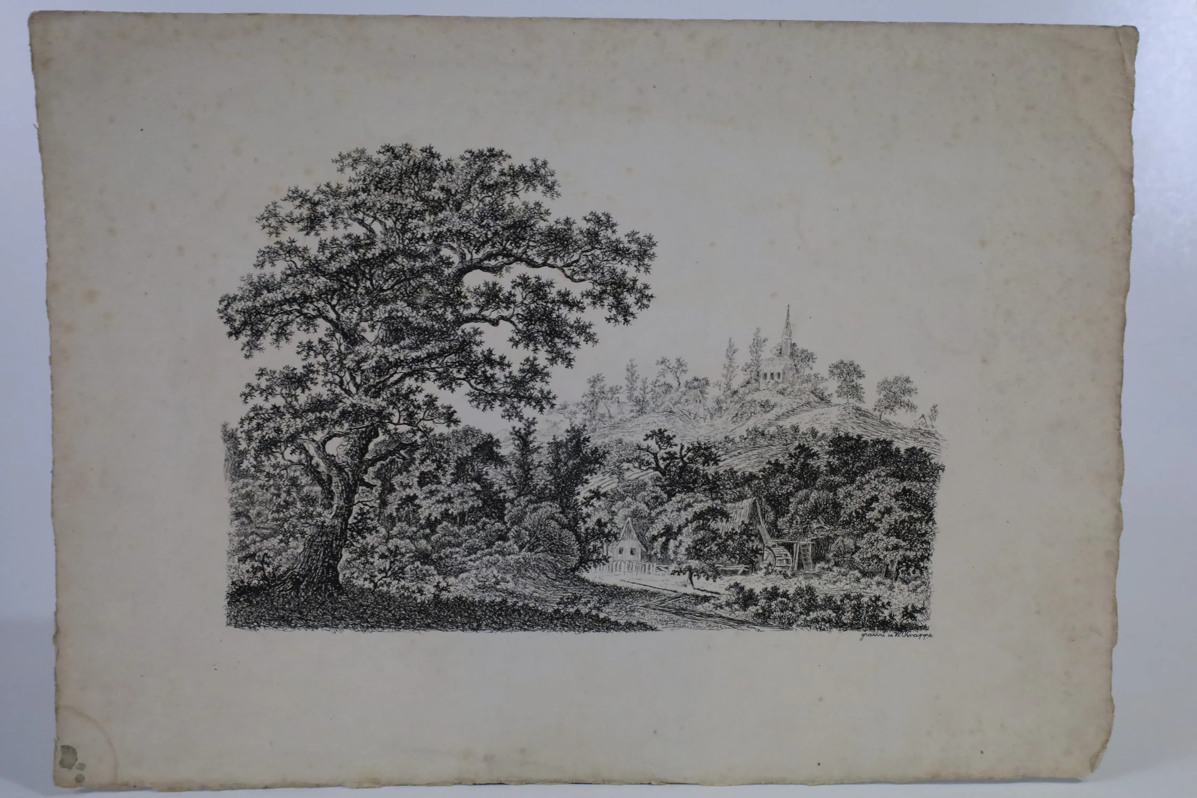 W. KRAPPE, gravör. Landskap med kyrka och gårdsbebyggelse, kopparstick