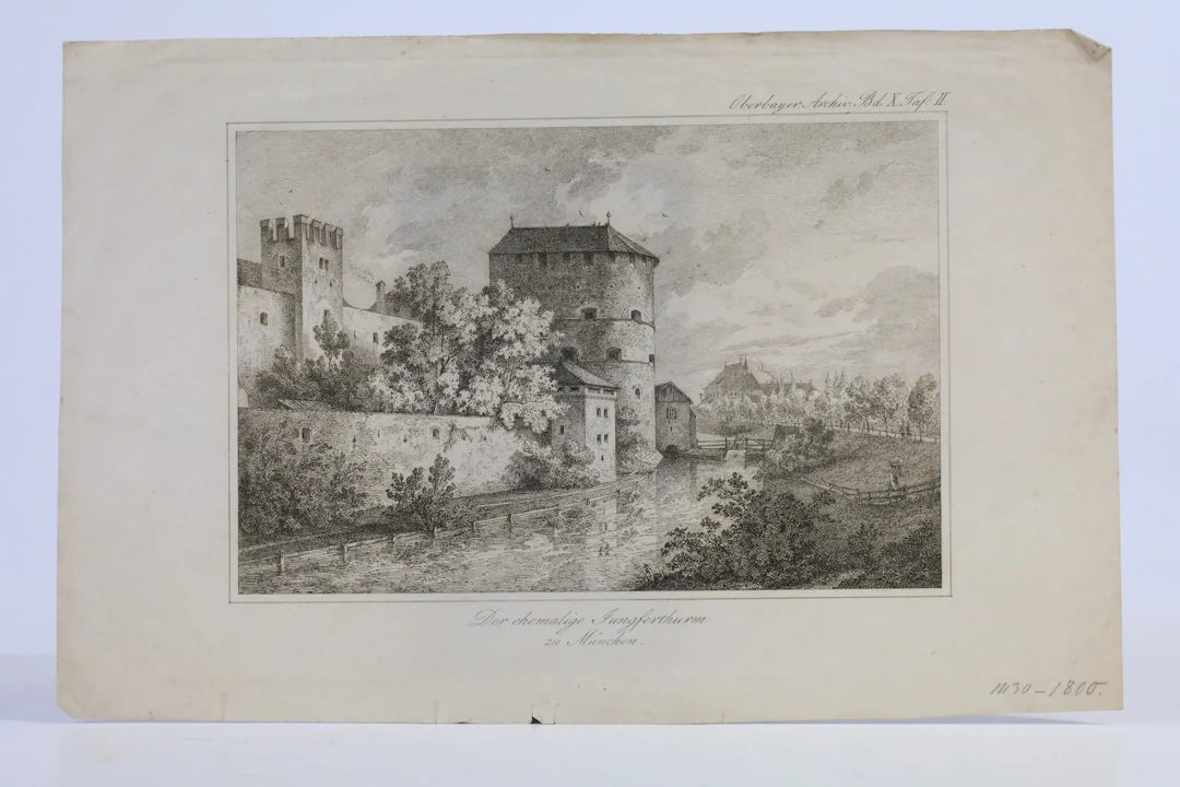 TYSKLAND. "Der ehemalige Jungferthurm zu München". Litografi, ca 1840.