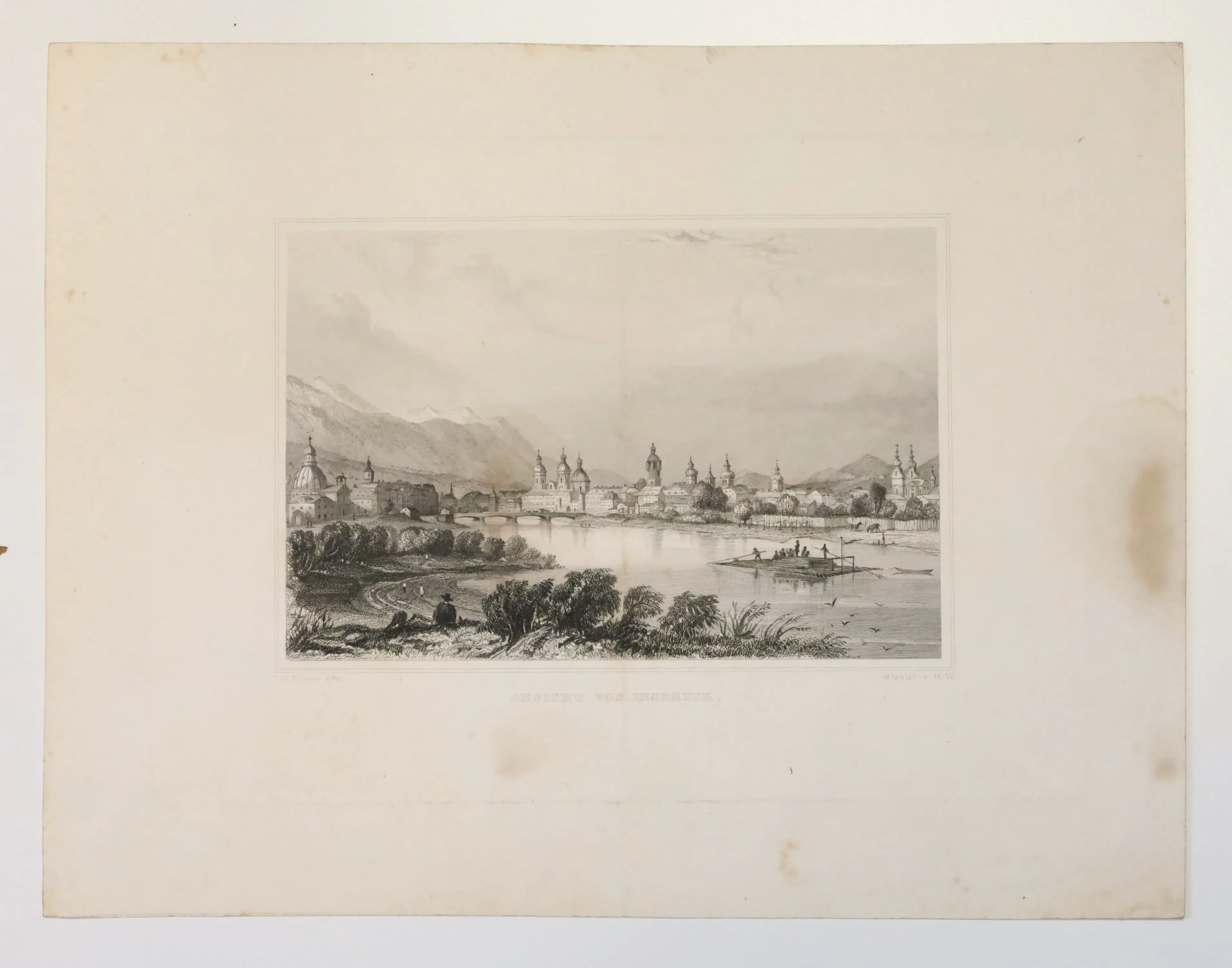 GRAFISKT BLAD, stålstick, ”Ansicht von Innsbruck”, Verlag Lange, Darmstadt