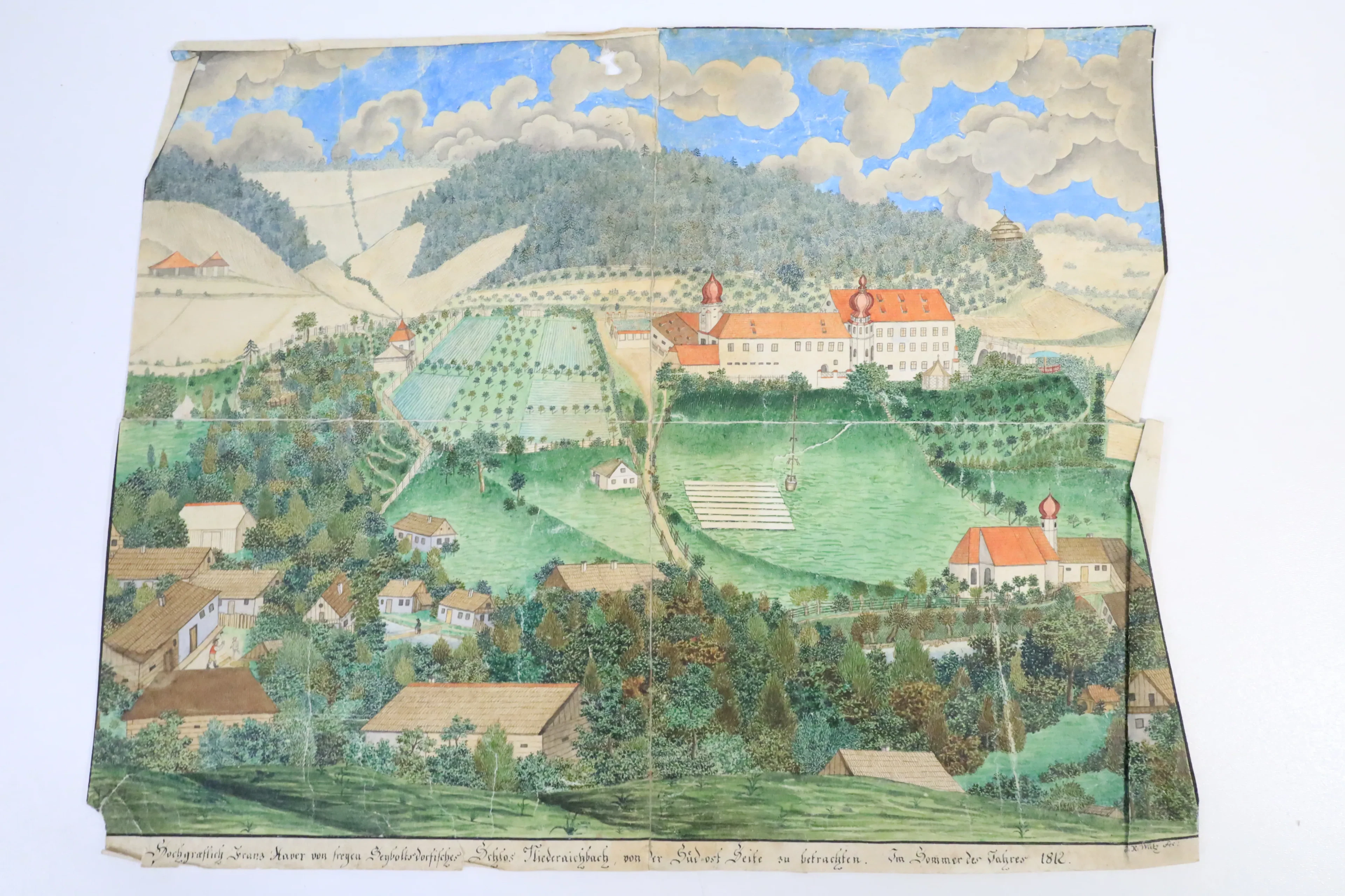 HANDKOLORERAT GRAFISKT BLAD, Schloss Niederaichbach, Tyskland, daterat 1812