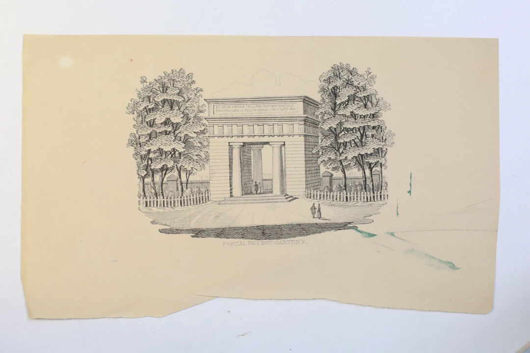 TYSKLAND – PORTAL DES BOTANISCHEN GARTENS, MÜNCHEN, GRAFISKT BLAD, 1800-TAL