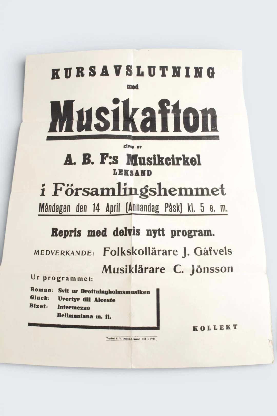 LEKSAND 1941. MUSIKAFTON. Affisch, ABF:s musikcirkel, Församlingshemmet.