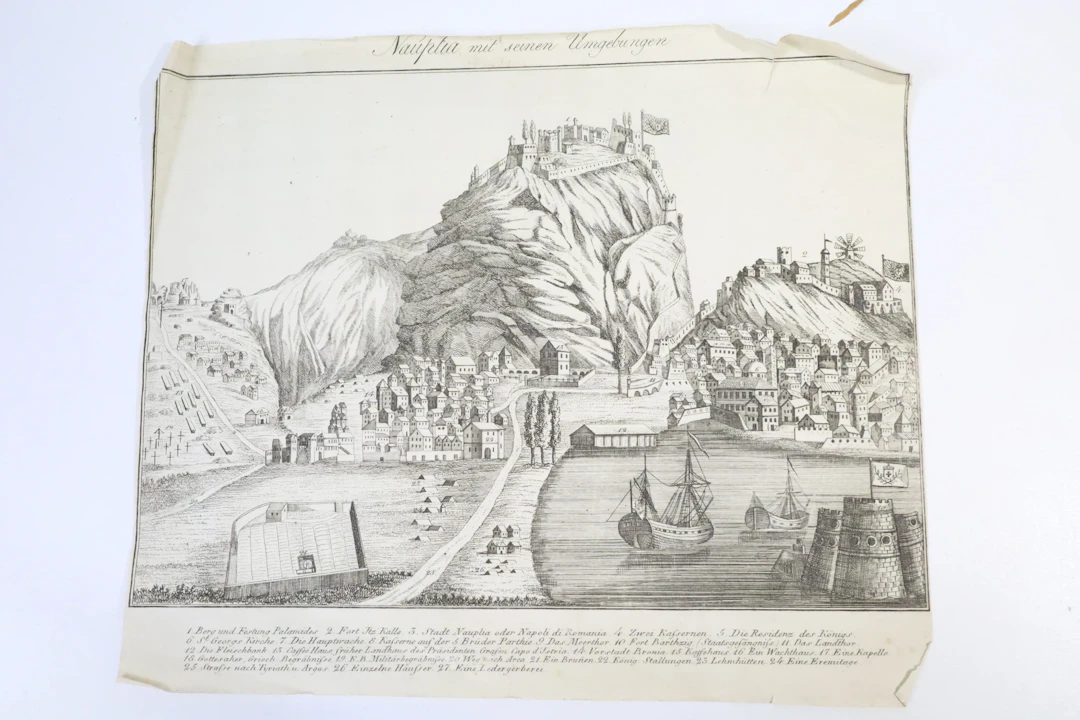 NAUPLIA MED OMGIVNINGAR, topografiskt grafiskt blad, 1800-tal.