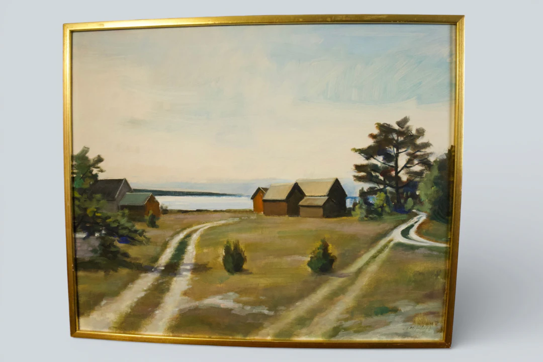 MÅLNING. “VID SKÄLS LÄGE – FÅRÖ”.OIDENTIFIERAD KONSTNÄR. Oläslig signatur.