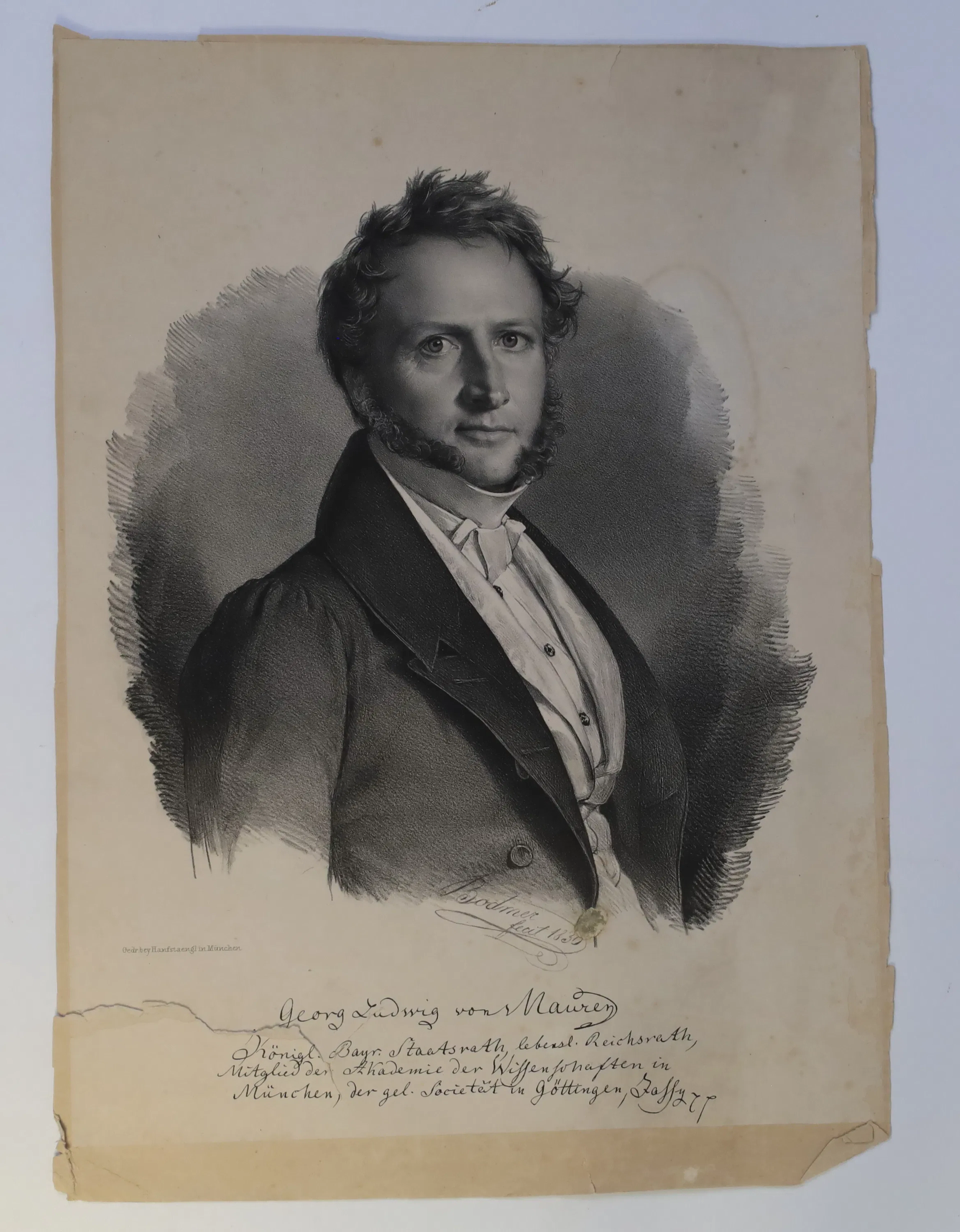 TYSKLAND – GOTTLIEB BODMER, PORTRÄTT AV GEORG LUDWIG VON MAURER, LITOGRAFI
