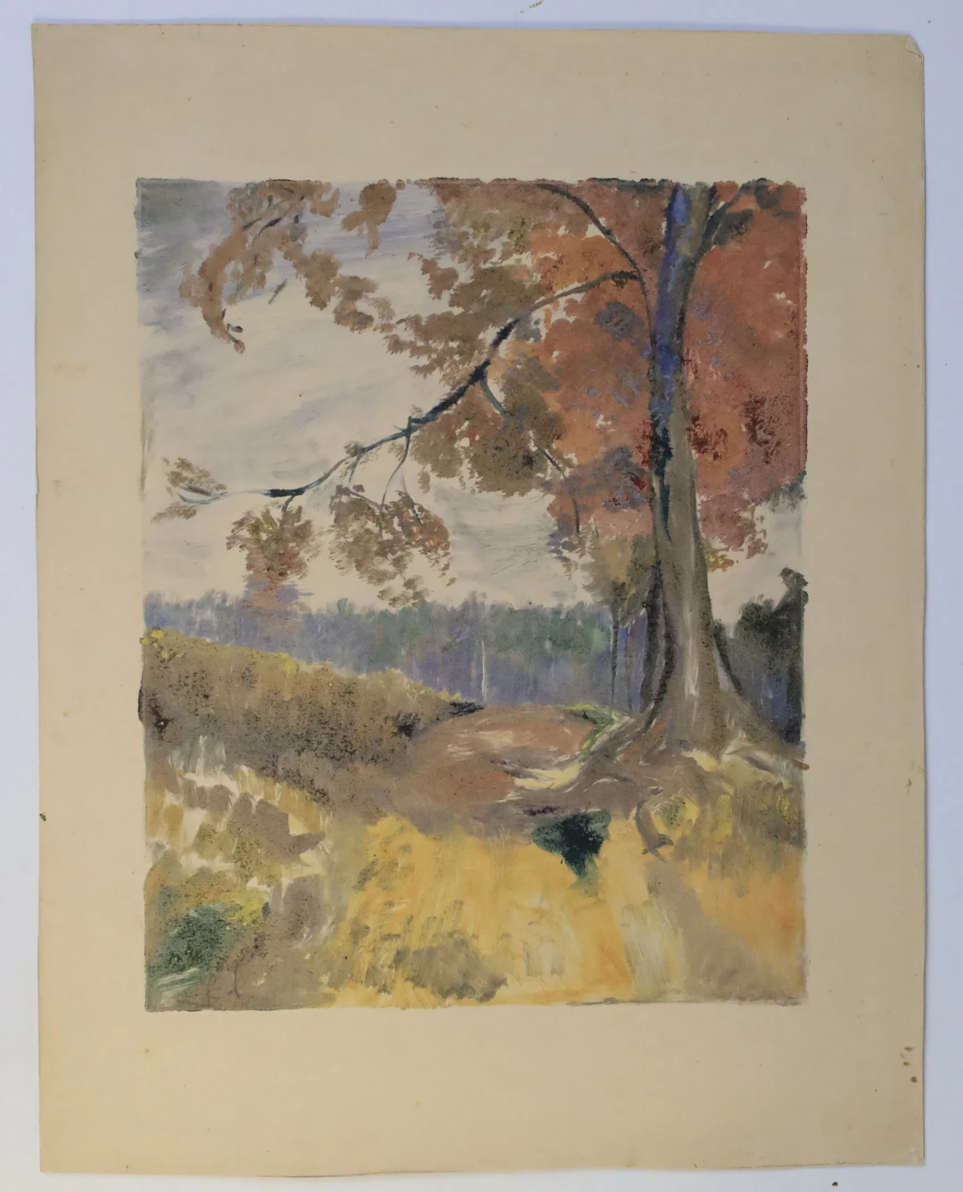 SVERIGE/SKANDINAVIEN – HÖSTLANDSKAP MED STORT TRÄD, GOUACHE/AKVARELL