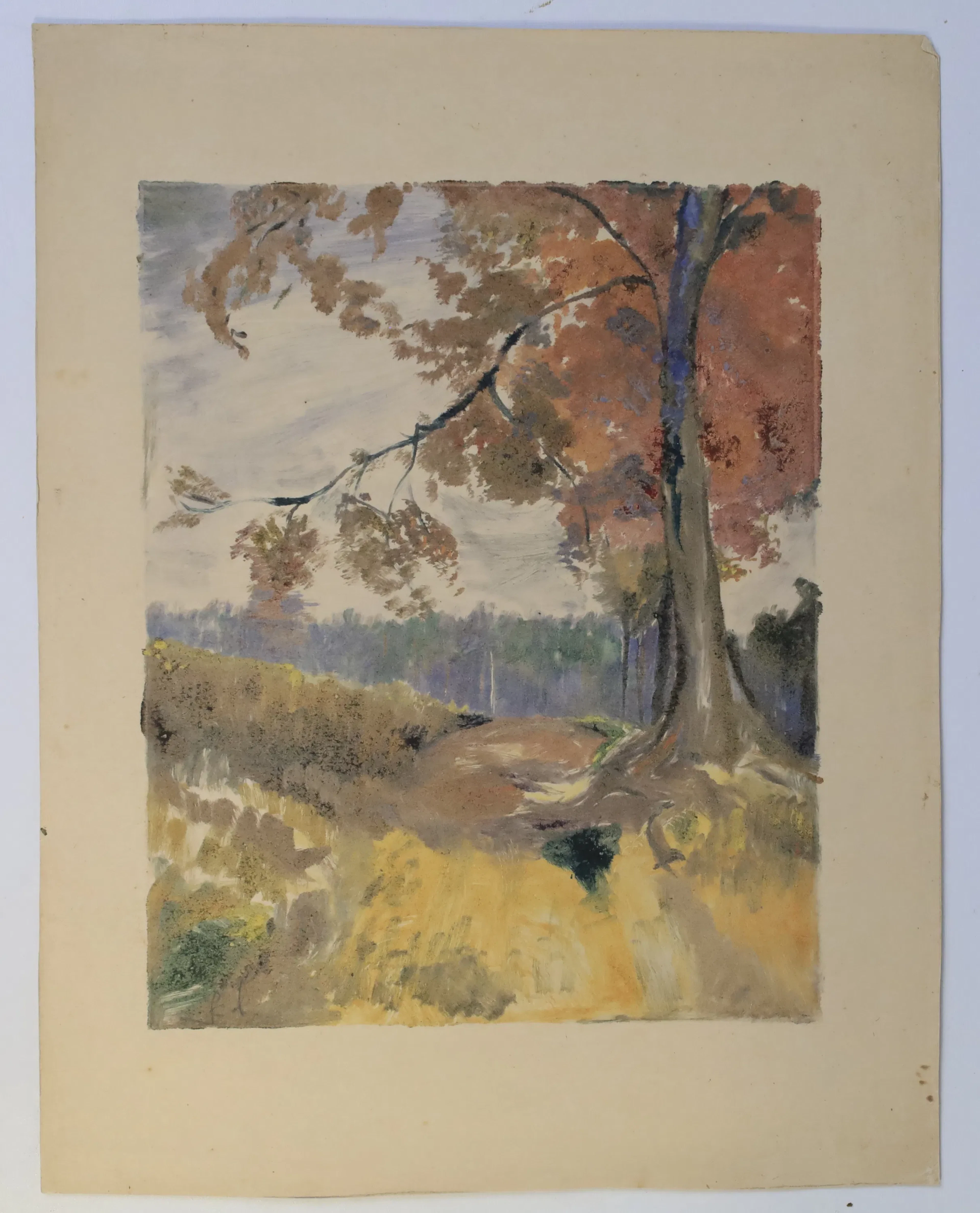 SVERIGE/SKANDINAVIEN – HÖSTLANDSKAP MED STORT TRÄD, GOUACHE/AKVARELL