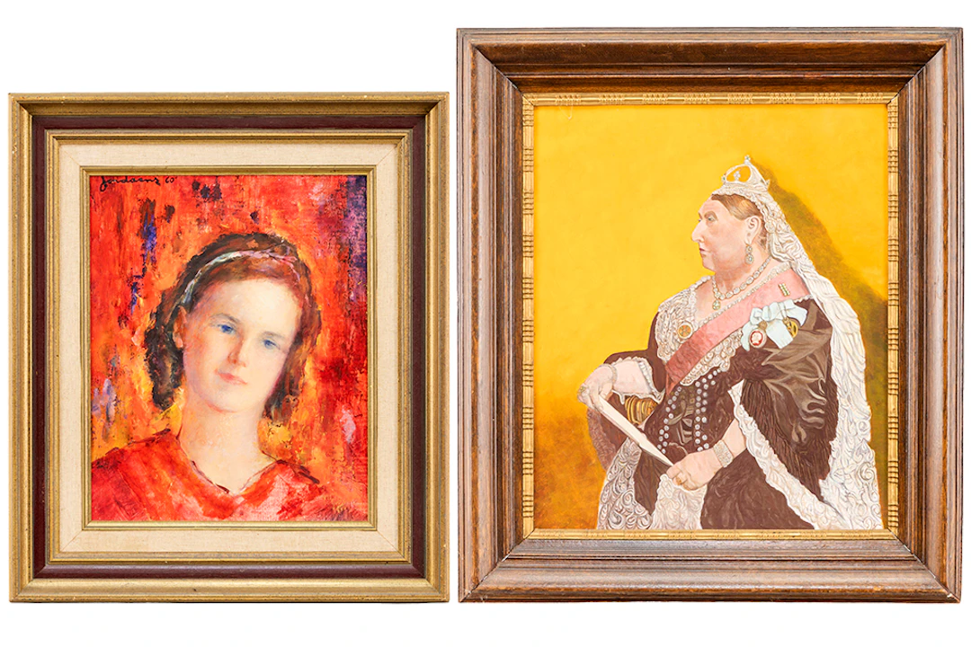 Lot (2) met een olieverfschilderij op paneel getekend Jordaens : "Meisjesportret