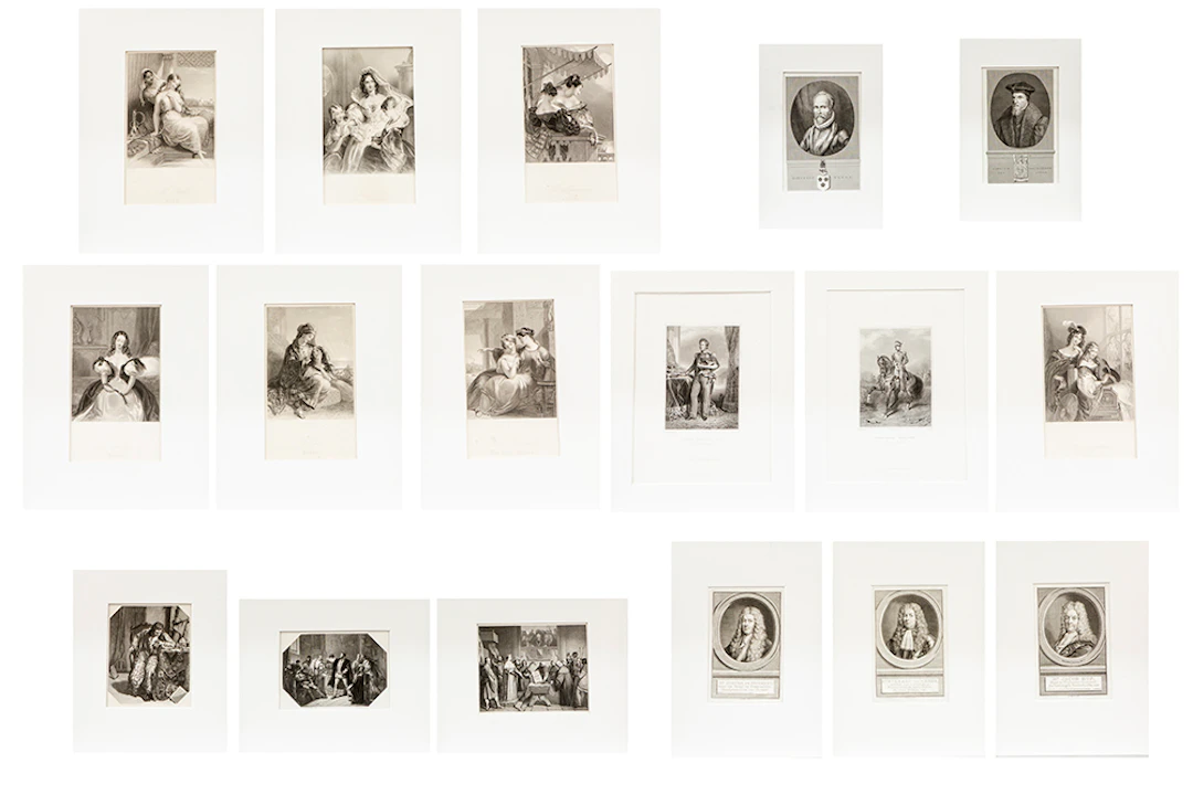 Lot (17) oude en antieke prints met litho's en etsen (portretten en