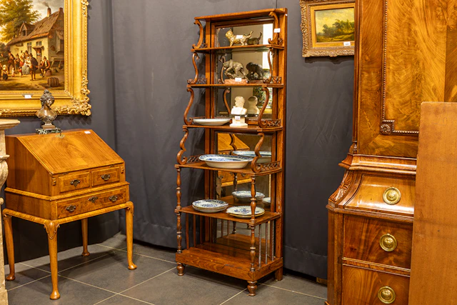 Elegante antieke étagère in palissander ingelegd met filets en met