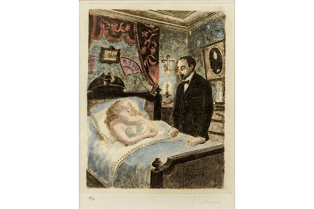 DELVAUX PAUL (1897 - 1996) met de hand ingekleurde (aquarel) ets op