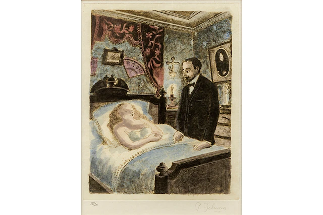 DELVAUX PAUL (1897 - 1996) met de hand ingekleurde (aquarel) ets op