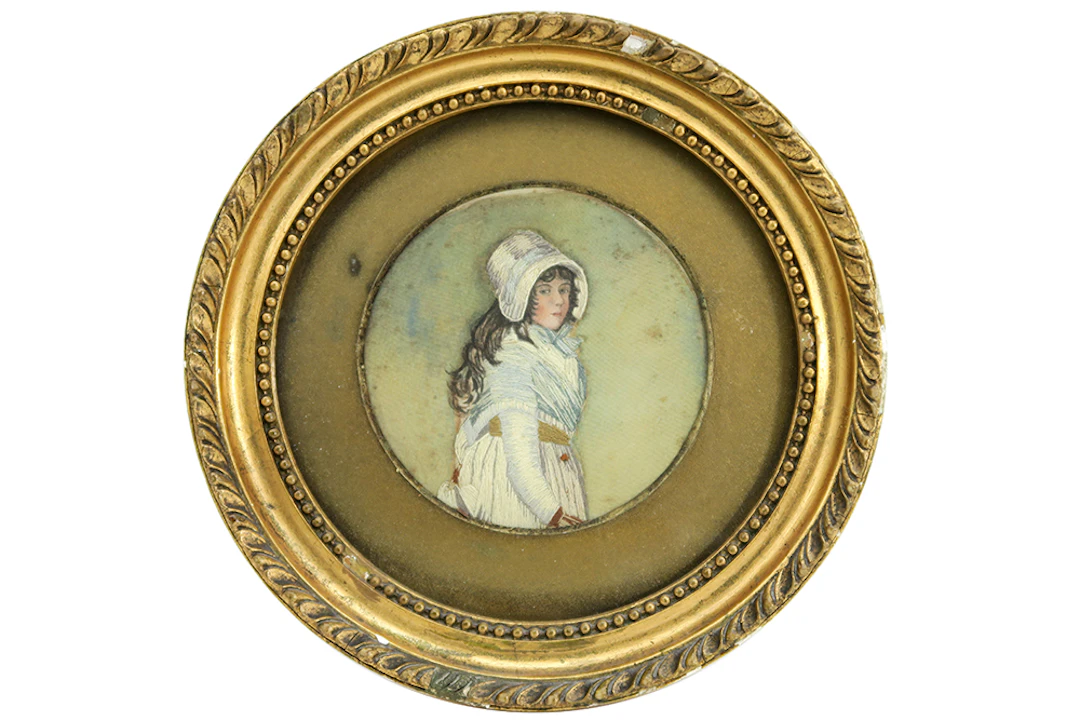 Rond negentiende eeuws Engels miniatuurschilderijtje, deels geborduurd