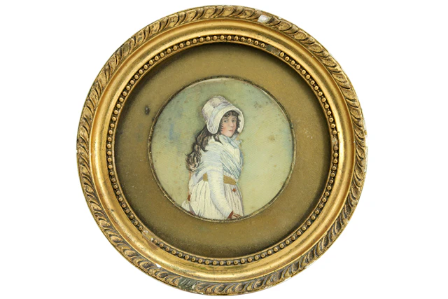 Rond negentiende eeuws Engels miniatuurschilderijtje, deels geborduurd