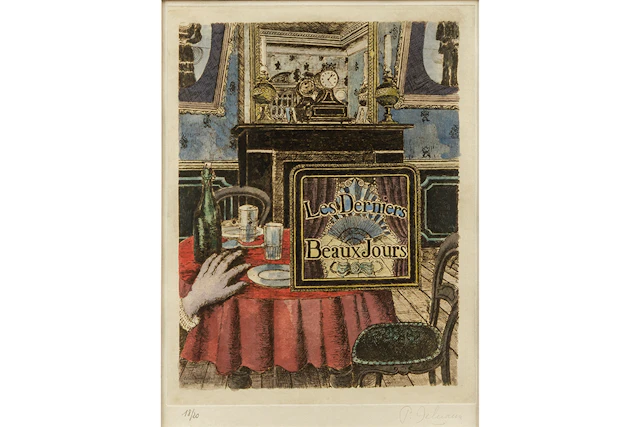 DELVAUX PAUL (1897 - 1996) met de hand ingekleurde (aquarel) ets op