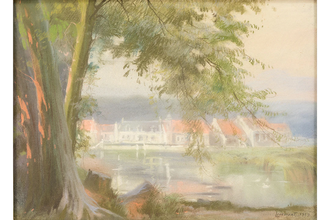 PRIVAT-LIVEMONT HENRI (1861 - 1978) pastel met zicht van huizen rond