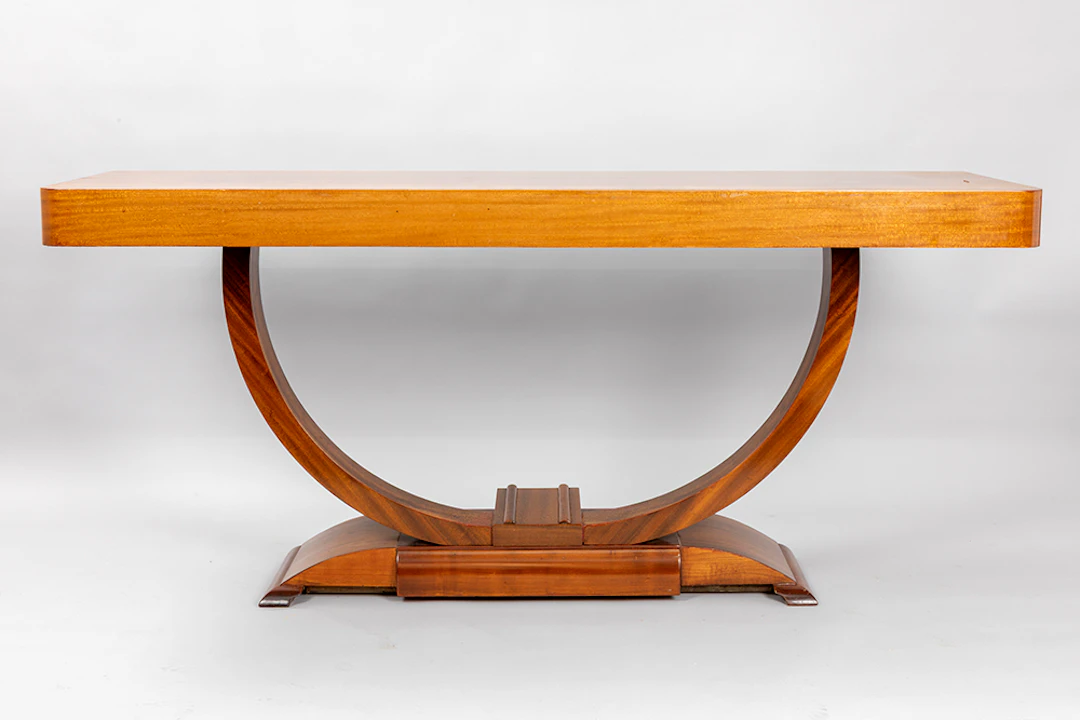 Elegante Art Deco console in notelaar met typische liervorm - ca 1925