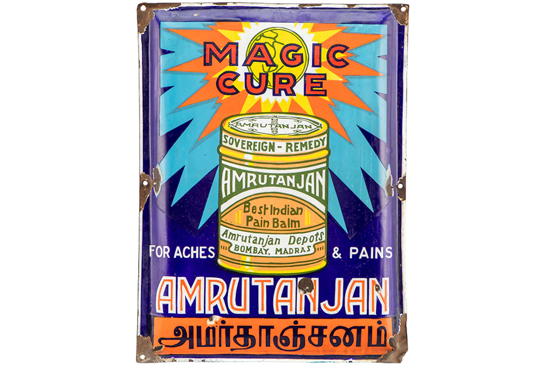 Indische vintage emaille-plaat met reclame voor "Magic Cure Amrutan