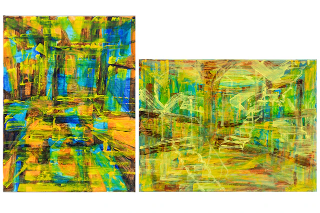 MINNE LUC twee acryl op doek, telkens op verso getiteld "Meditatieverf"