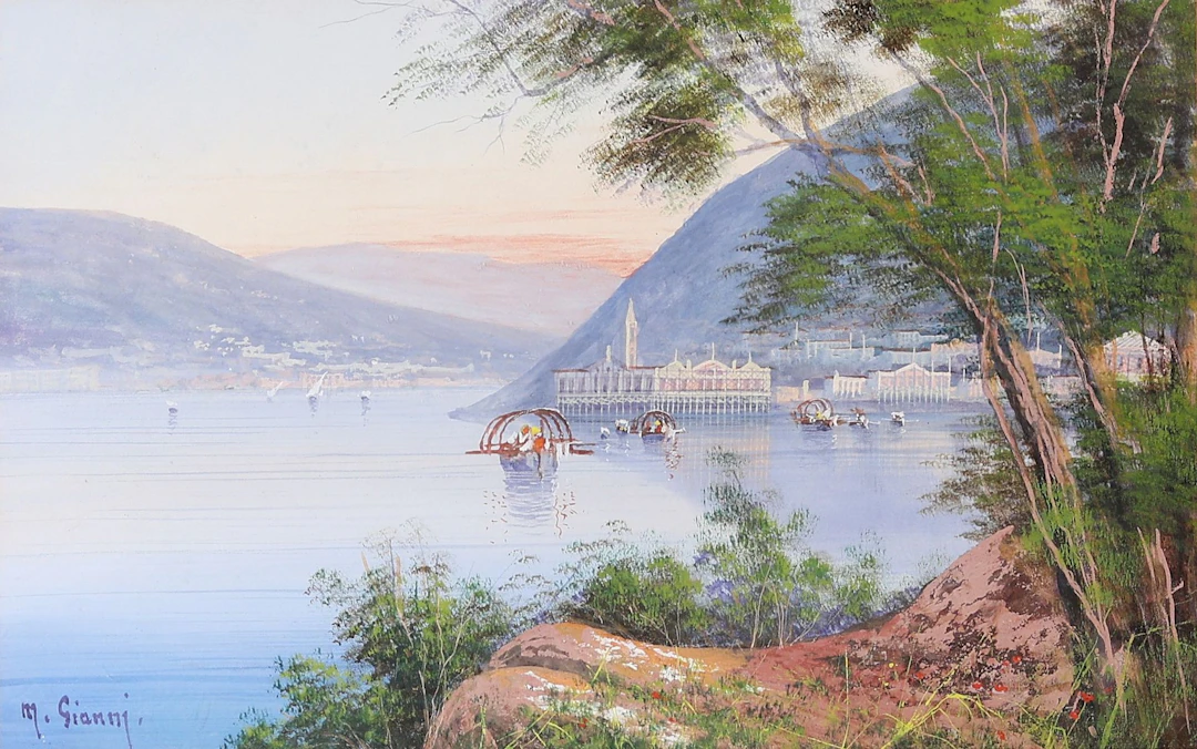 GIANNI – École napolitaine – Vue animée d’un lac italien bor - Lot 182