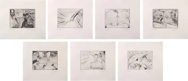 Günter Brus - 7 Radierungen zu Gerhard Roth "Landläufiger Tod" 7 etchings