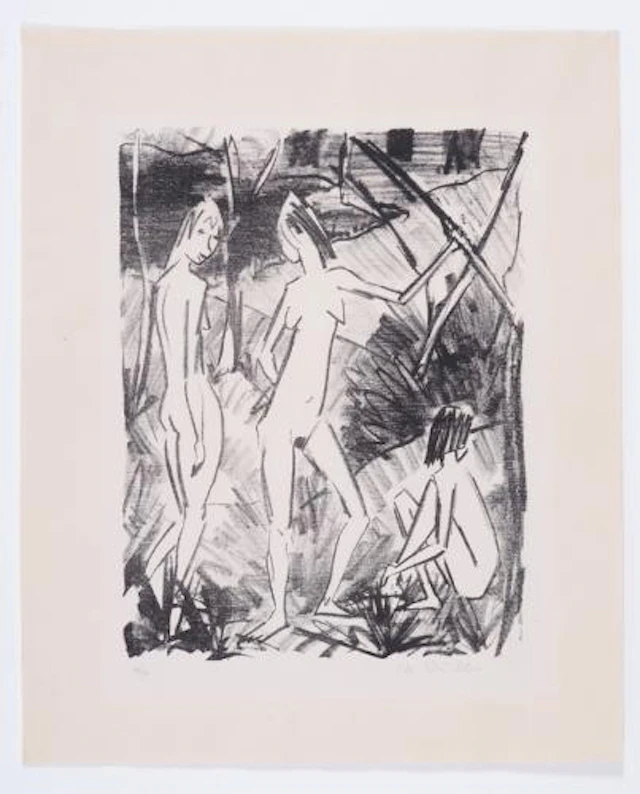 Otto Mueller - Zwei stehende und ein sitzendes Mädchen Two standing