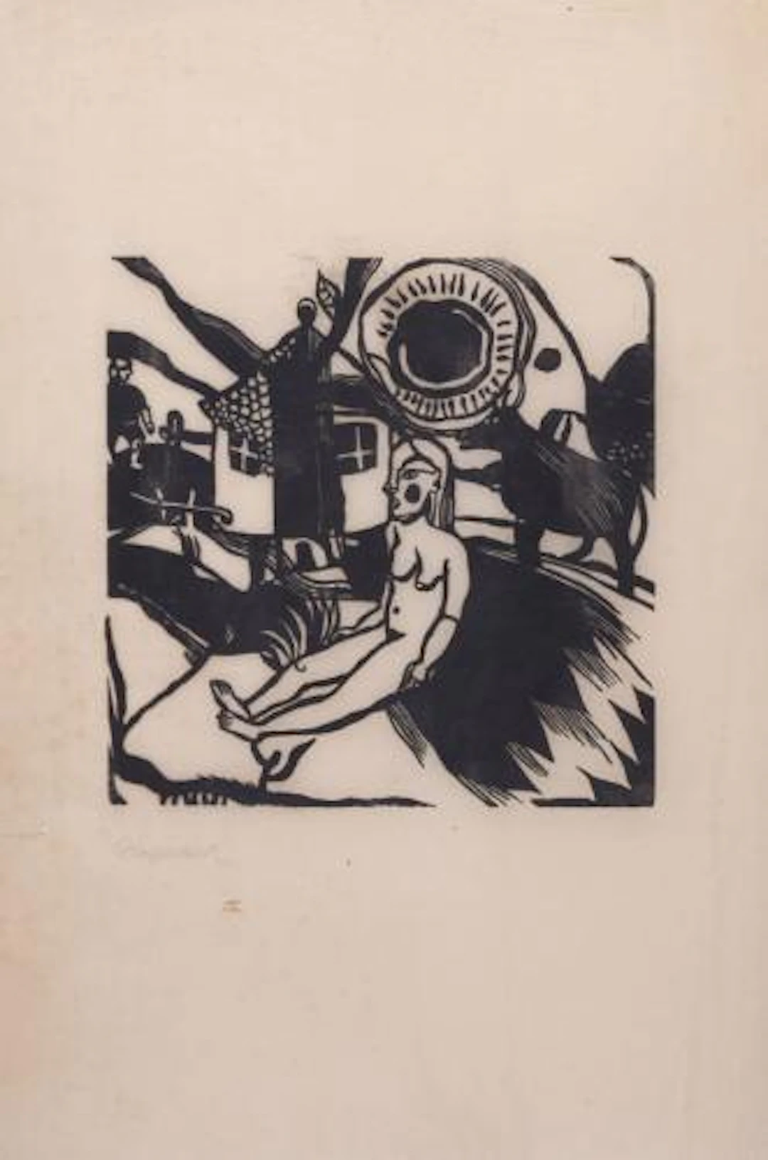 Heinrich Campendonk - sitzender, weiblicher Akt in Landschaft mit Bauernhaus