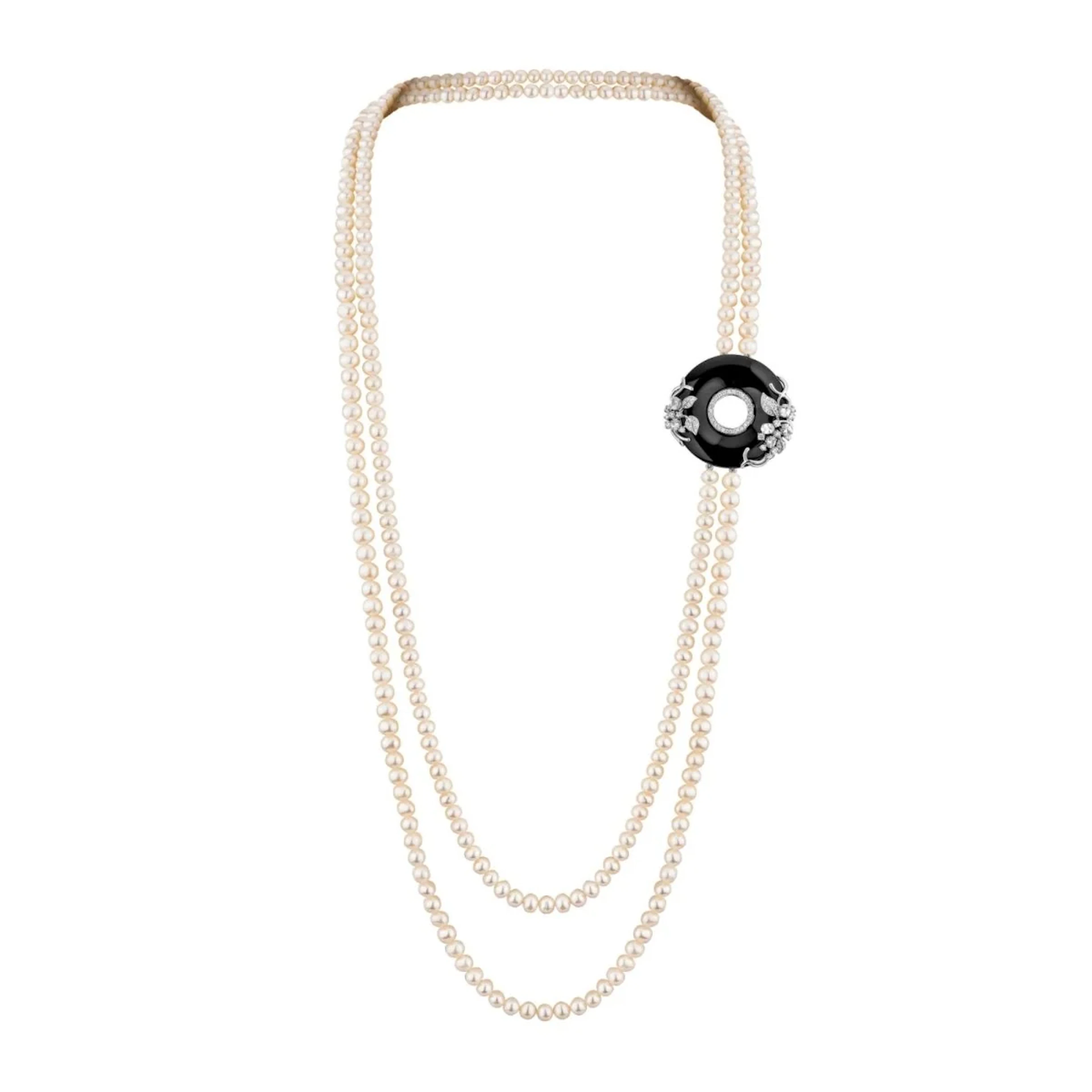 Collier Sautoir "Moon Pearl" en argent, perles, zirconium et onyx