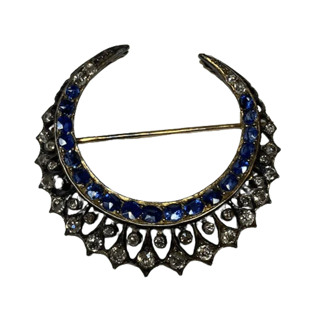 Broche Épingle en or jaune, argent, saphirs et diamants
