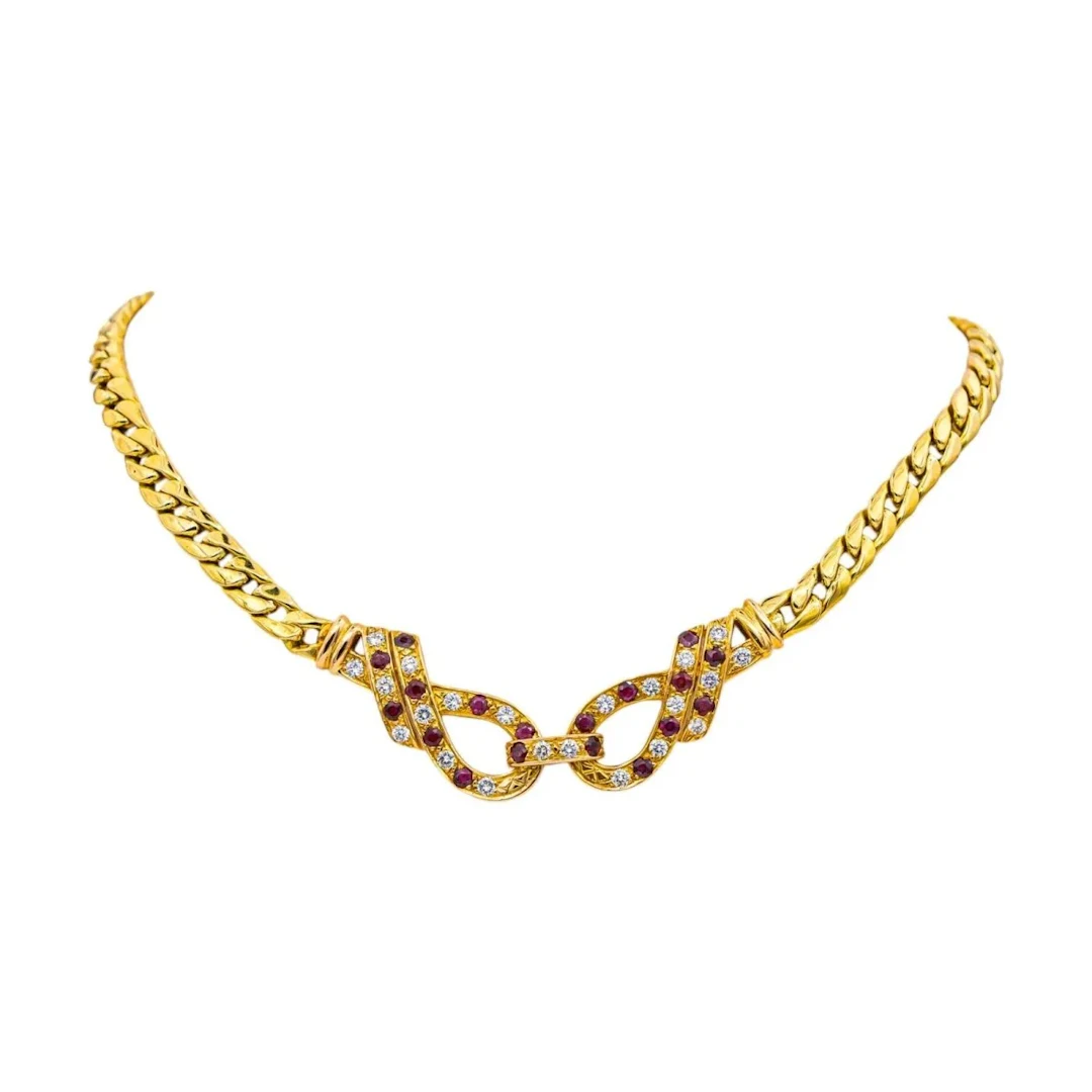 Necklace Mesh in yellow gold, ruby and diamonds
