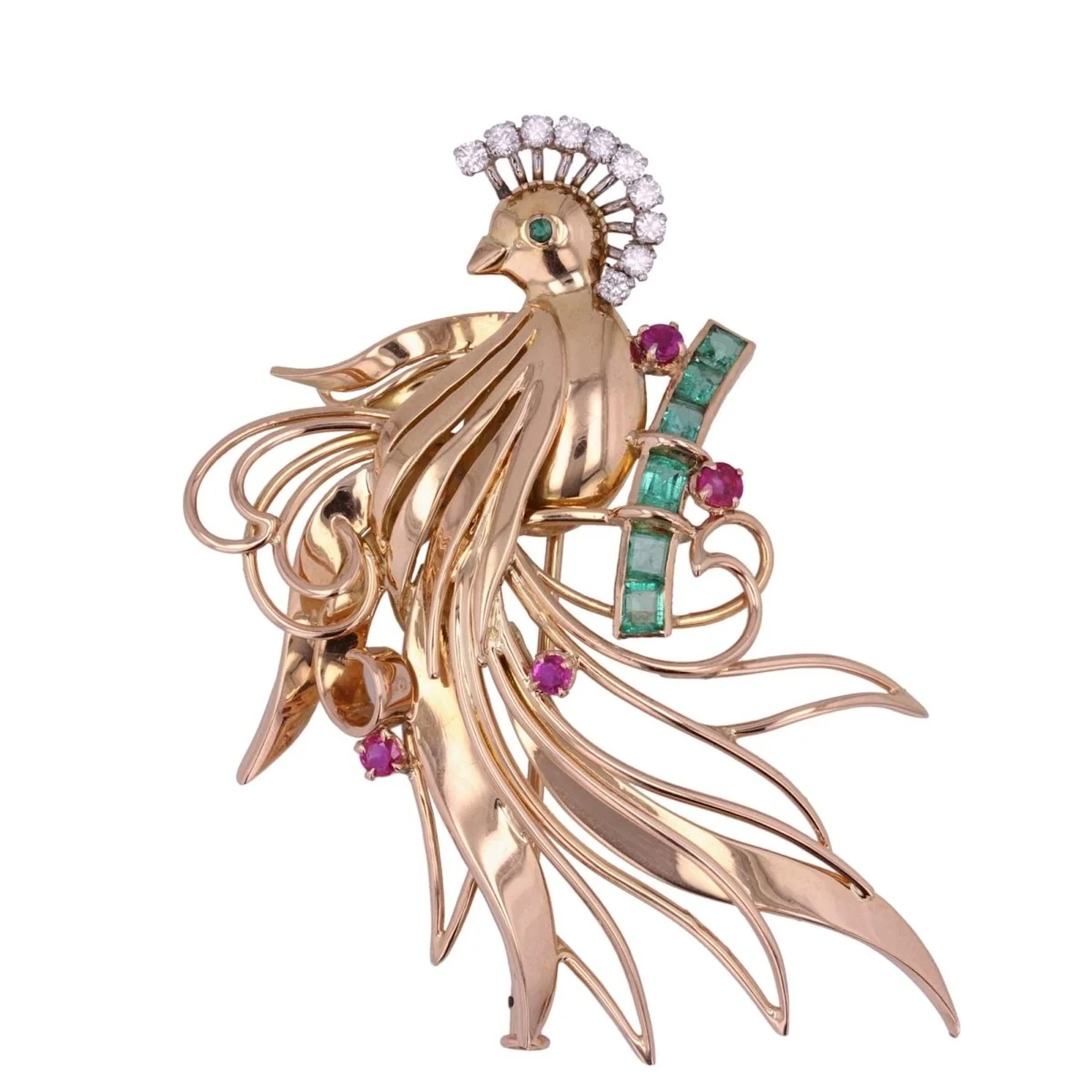 Brooch pin in yellow gold, emeralds, rubies and diamonds