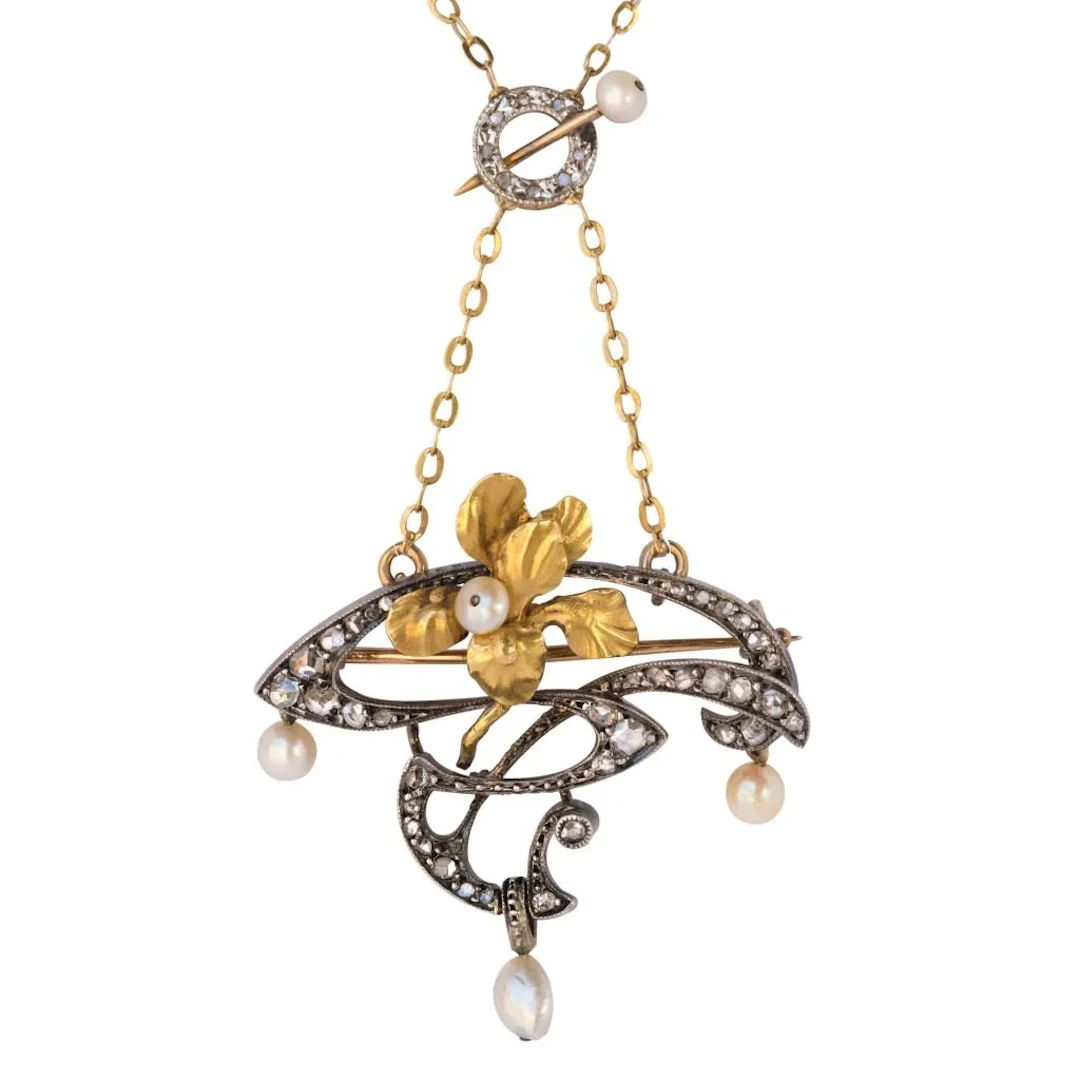 Necklace Pendant in yellow gold, silver, pearls and diamonds