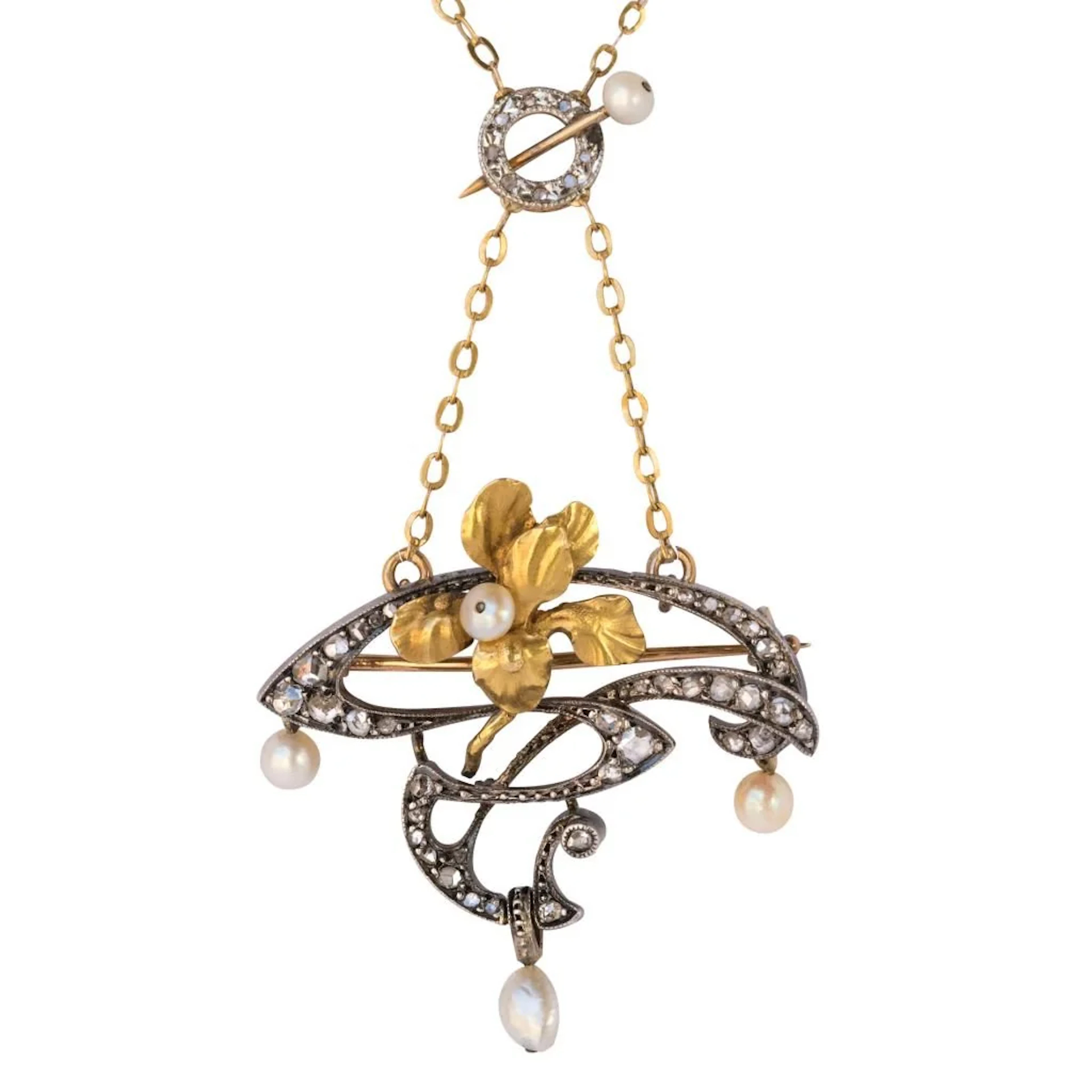 Necklace Pendant in yellow gold, silver, pearls and diamonds