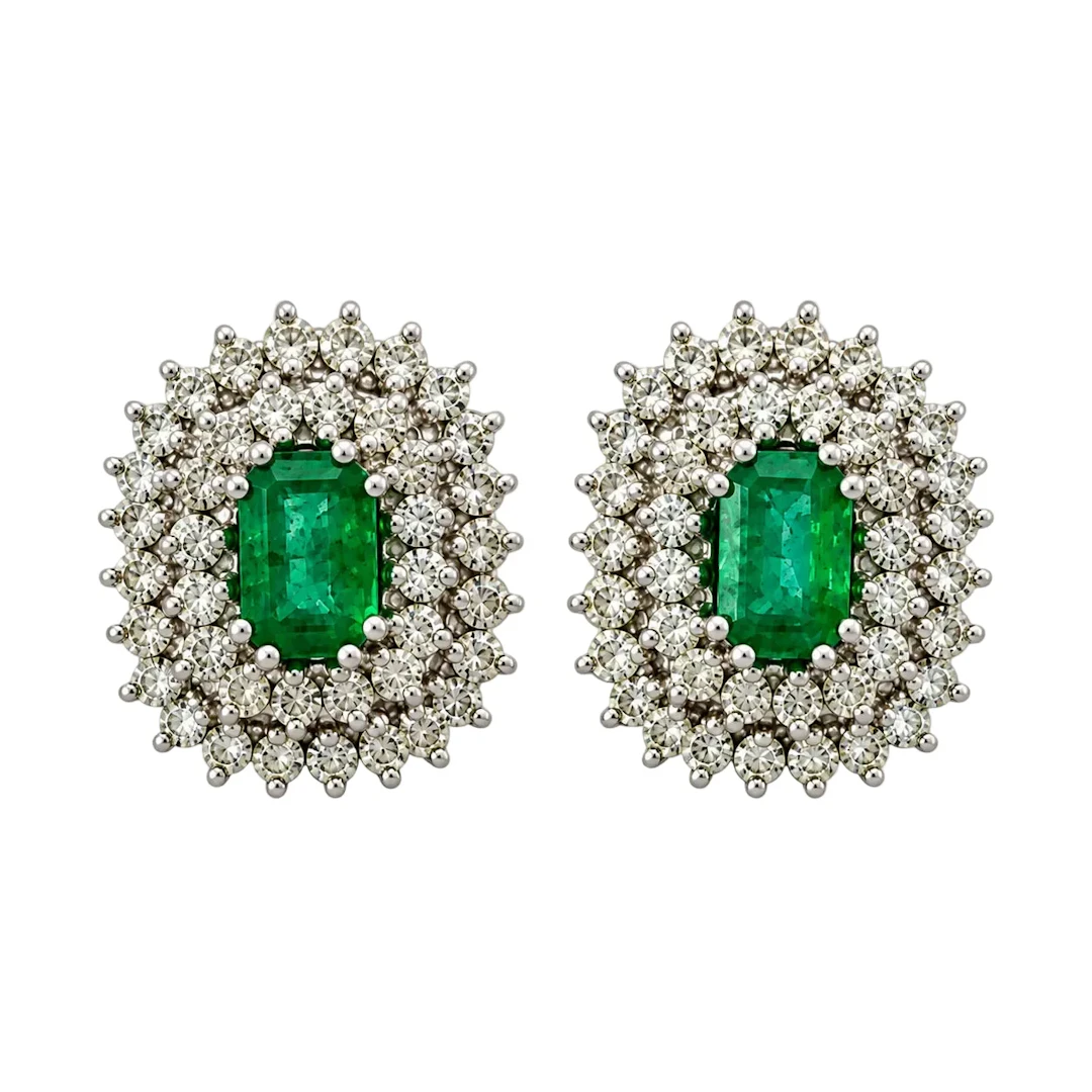 White Gold Clip-On Earrings with Emeralds and Diamonds