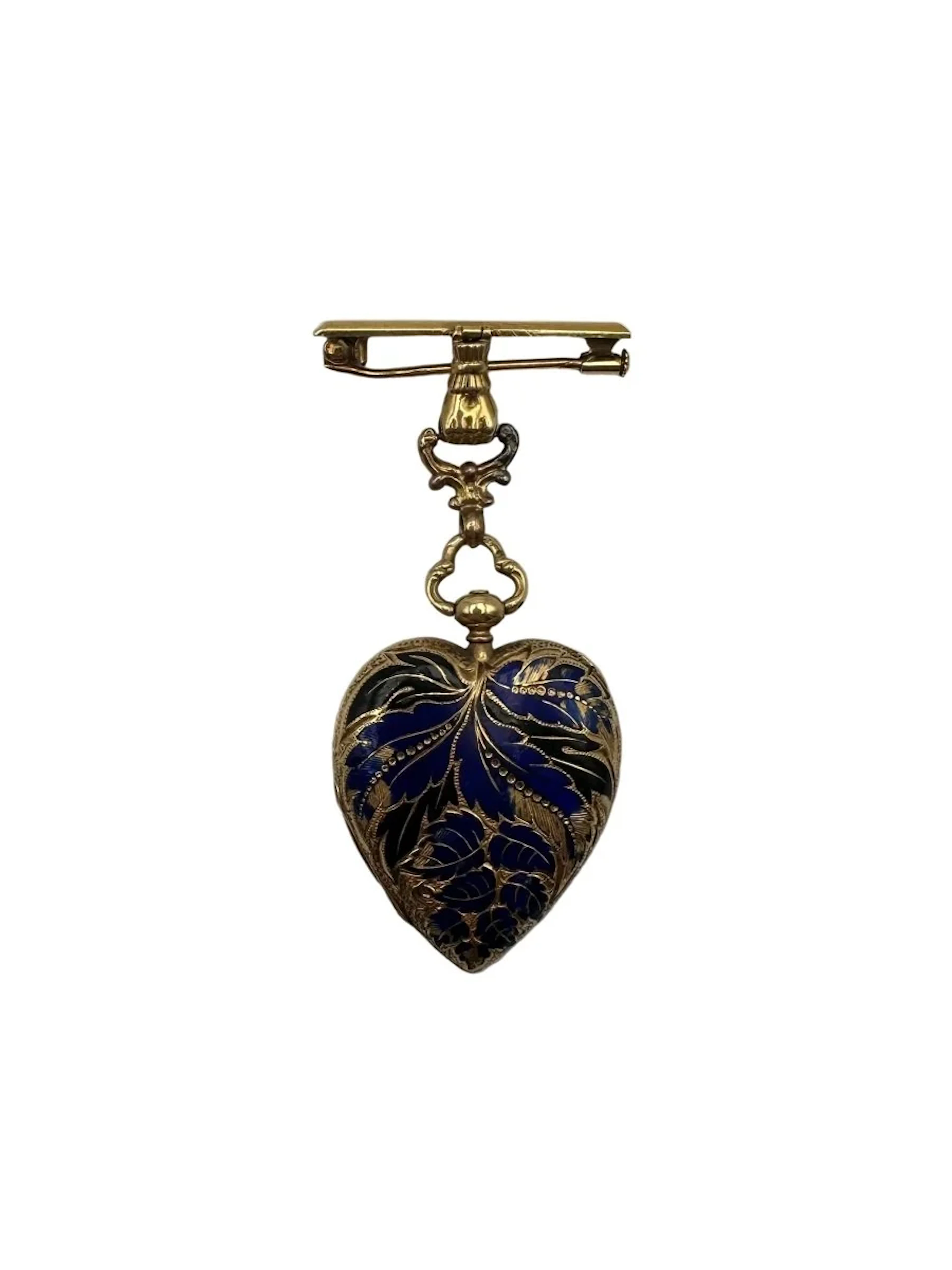 Heart Locket Brooch in Yellow Gold, Enamel and Diamonds