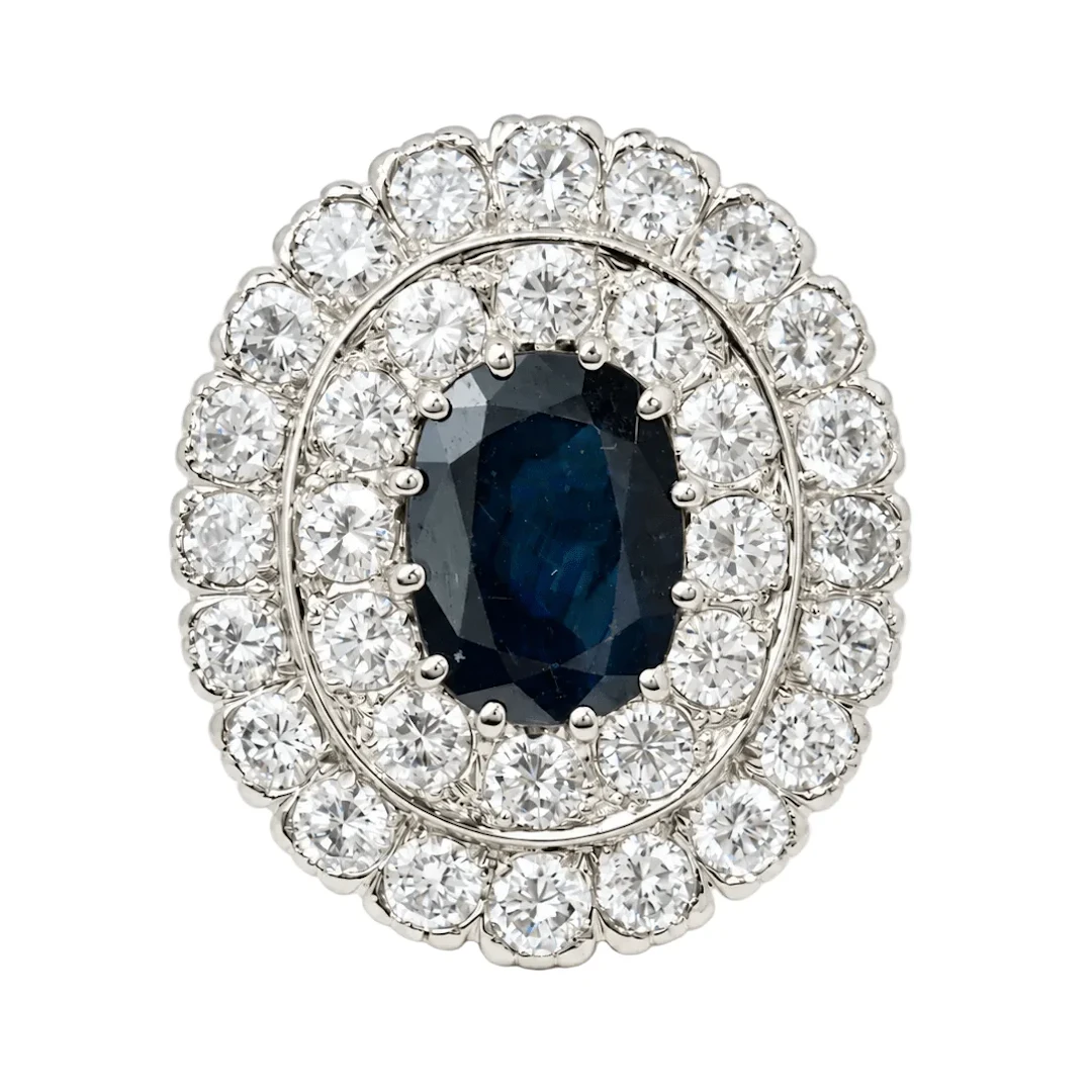 Pompadour Ring in white gold, yellow gold, sapphire, and diamonds