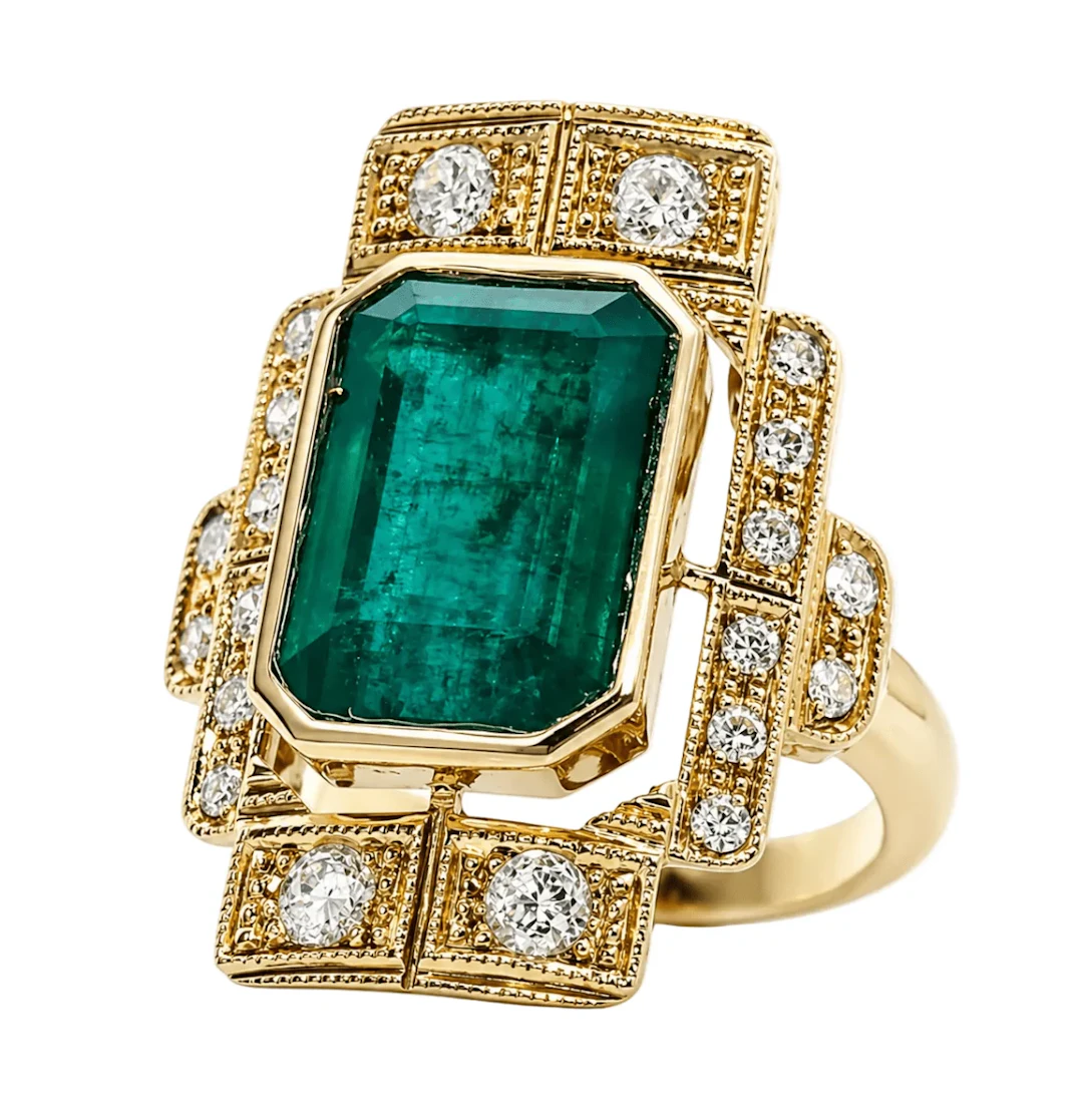 Cocktail Ring in Yellow gold, Emerald and Diamonds