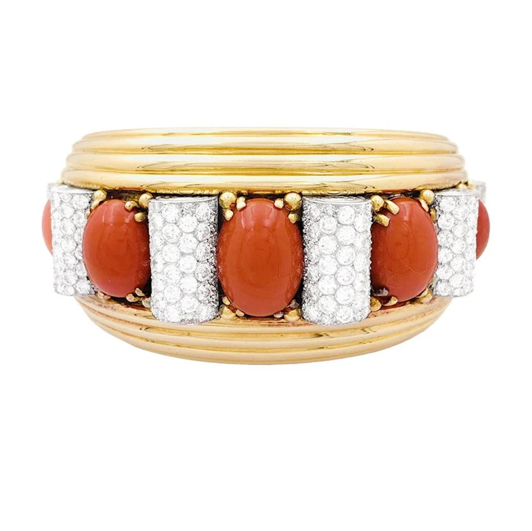 RENÉ BOIVIN Bangle Bracelet in Platinum, Yellow gold, Coral and Diamonds