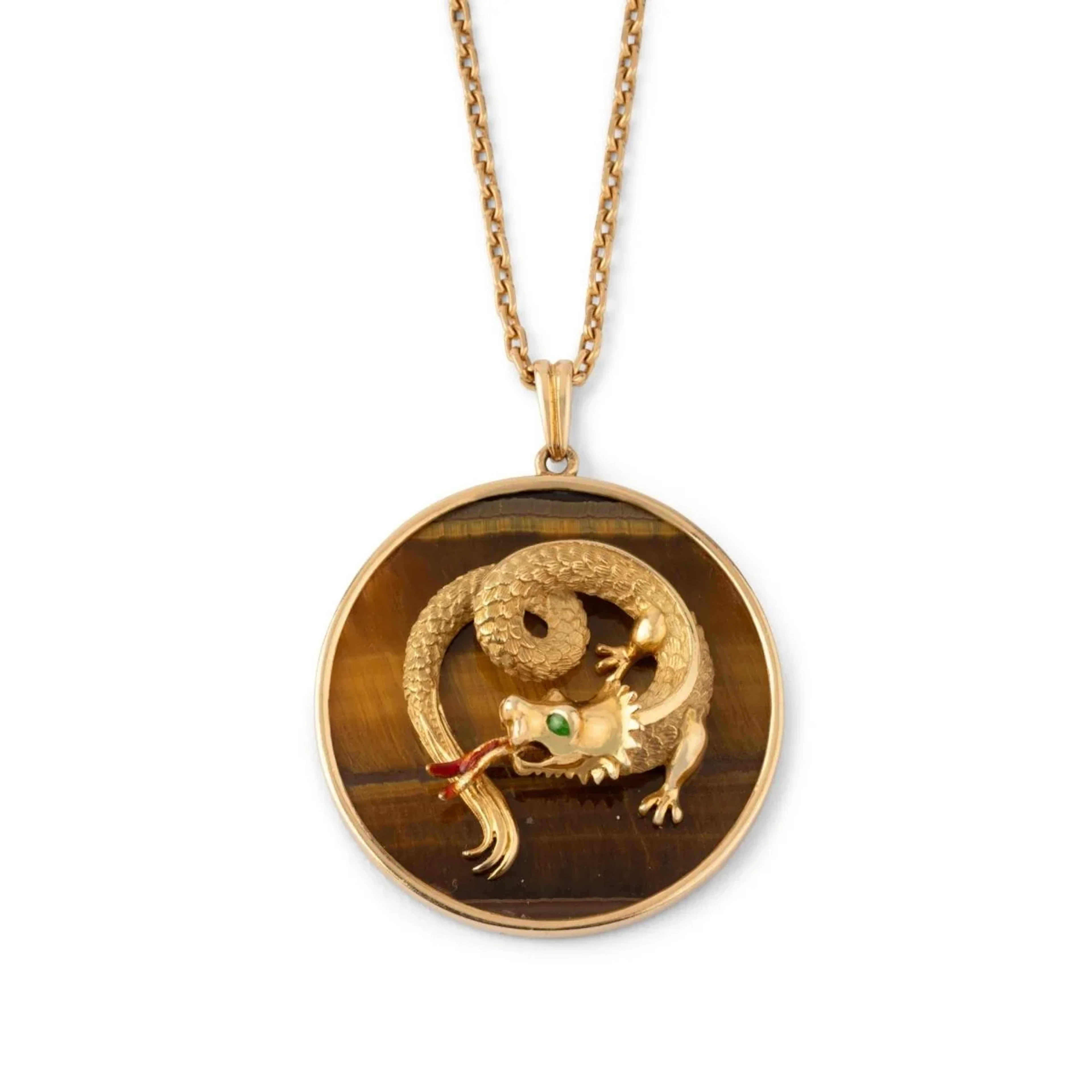 Pendentif Dragon en or jaune, œil-de-tigre et émail