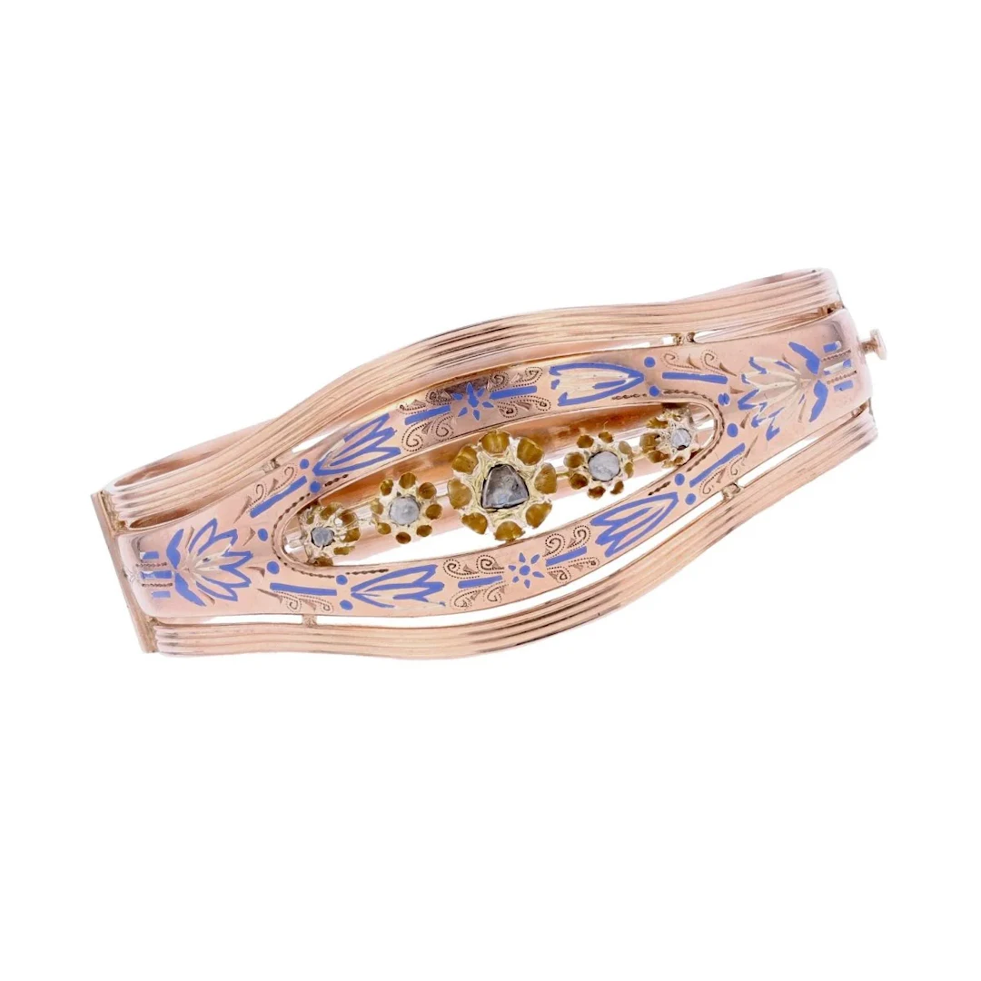Rose Gold Bangle Bracelet with Enamel and Diamonds
