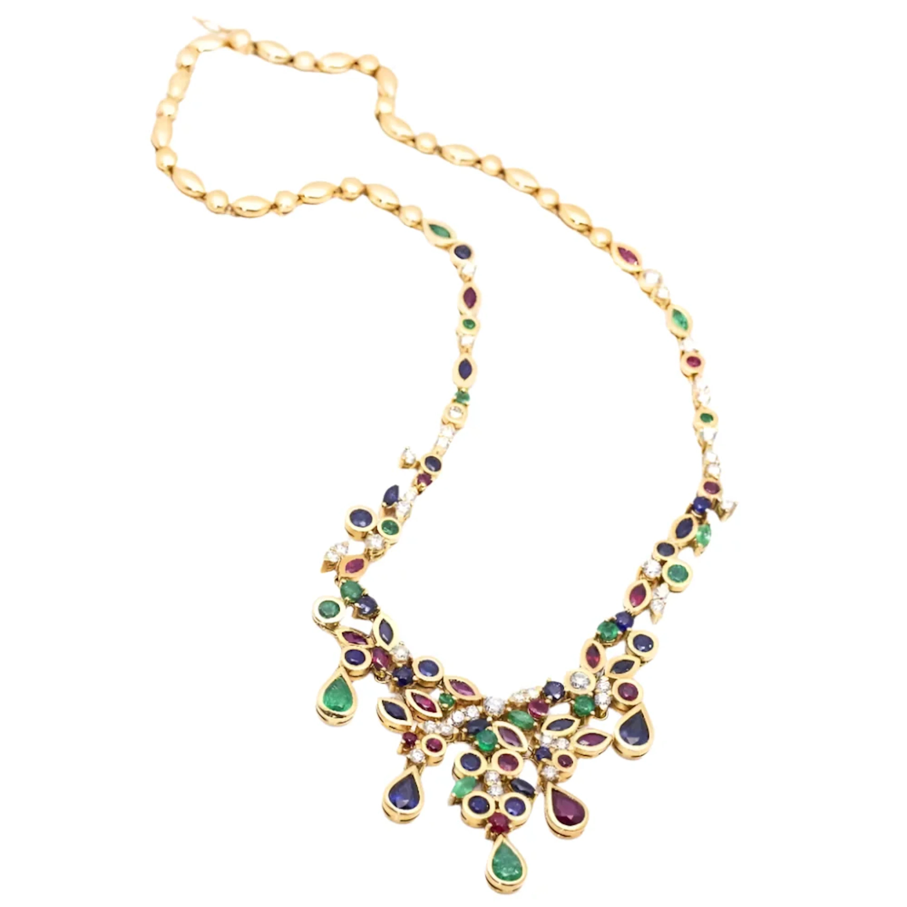 Necklace crown in yellow gold, emeralds, rubies, sapphires and diamonds