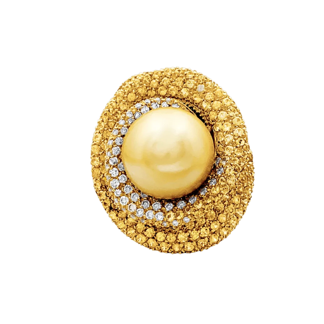 Cocktail Ring in yellow gold, pearls, sapphires and diamonds