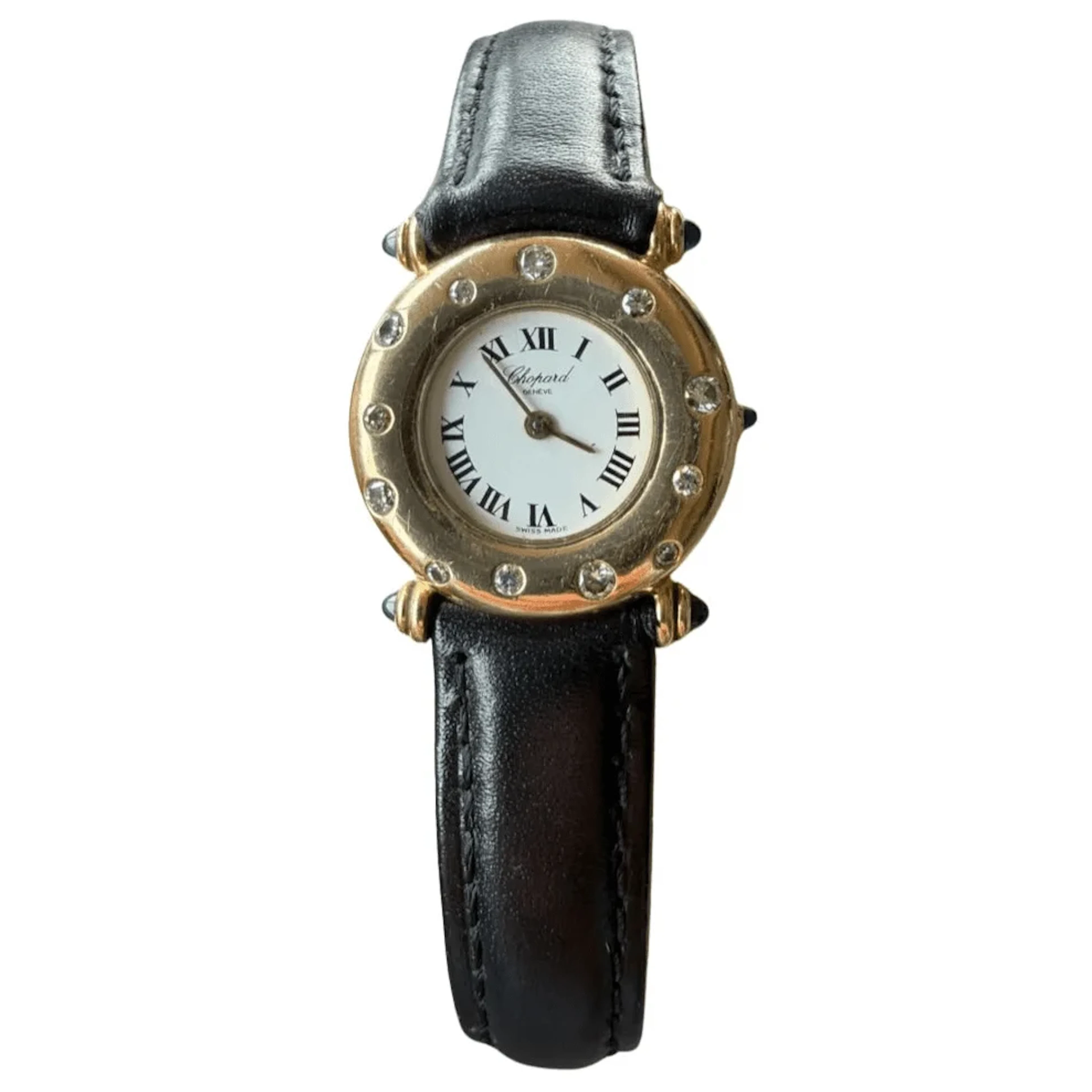 CHOPARD "Classic" Watch in yellow gold, leather, Sapphire, and Diamonds
