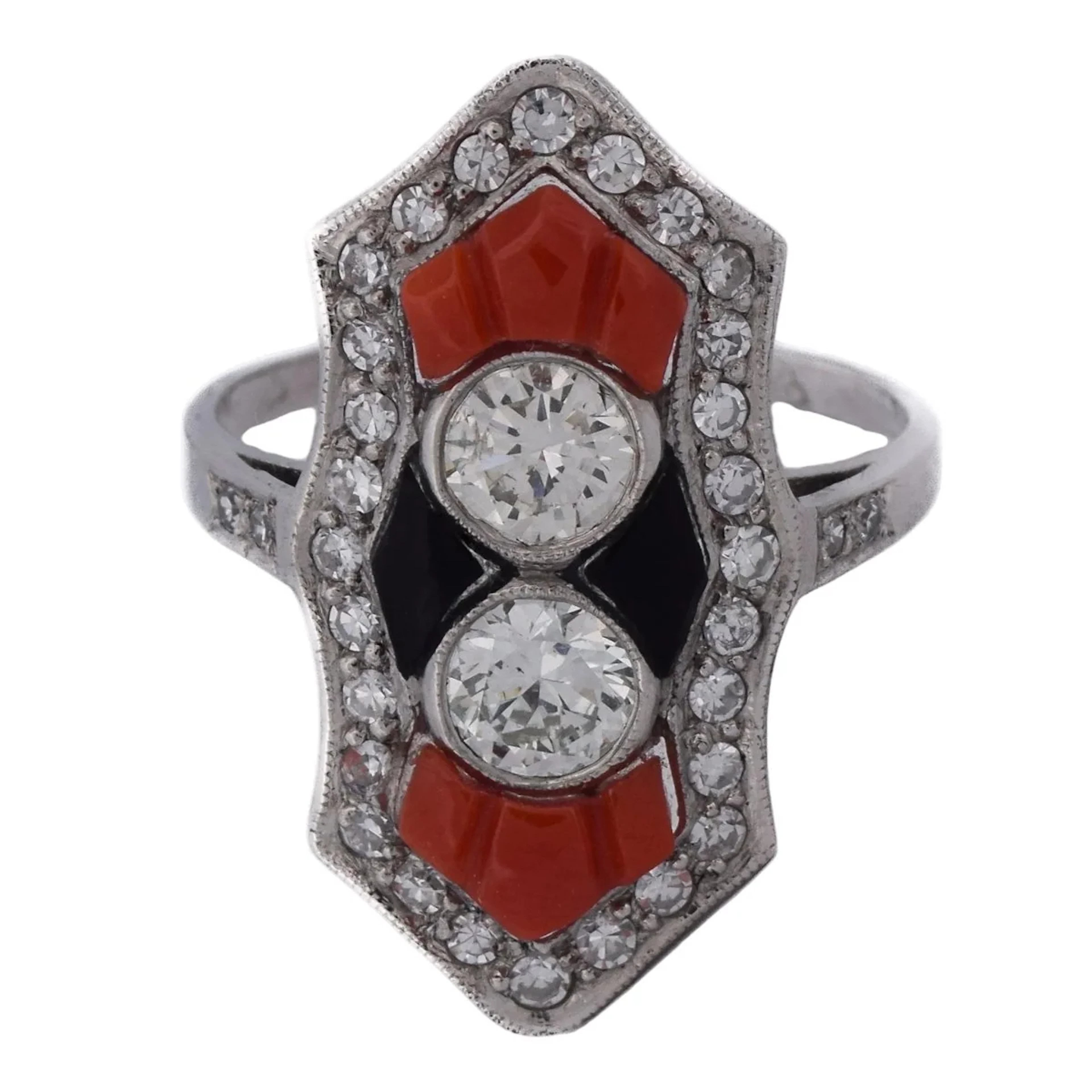 Bague en platine, corail, onyx et diamants