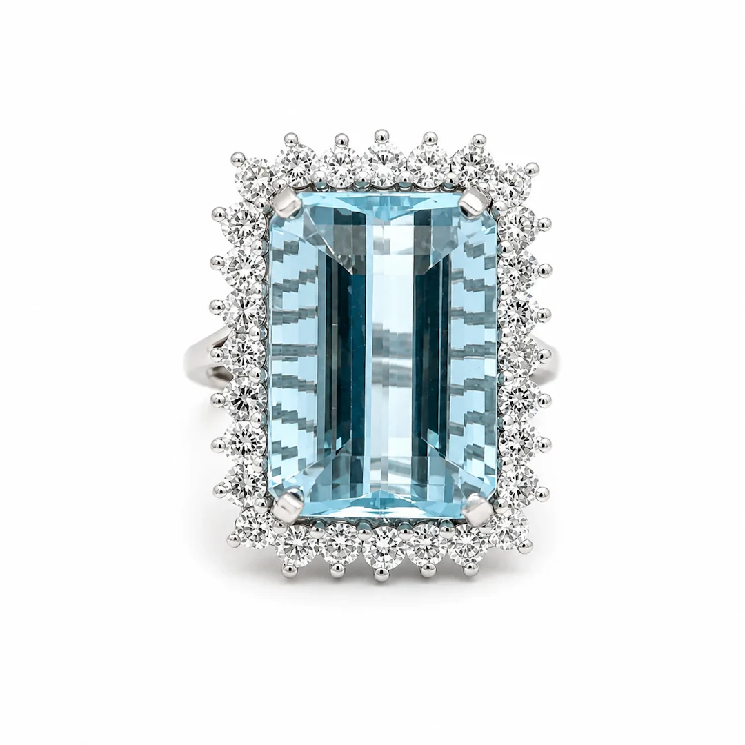 "Entourage" Ring in White Gold, Aquamarine, and Diamonds