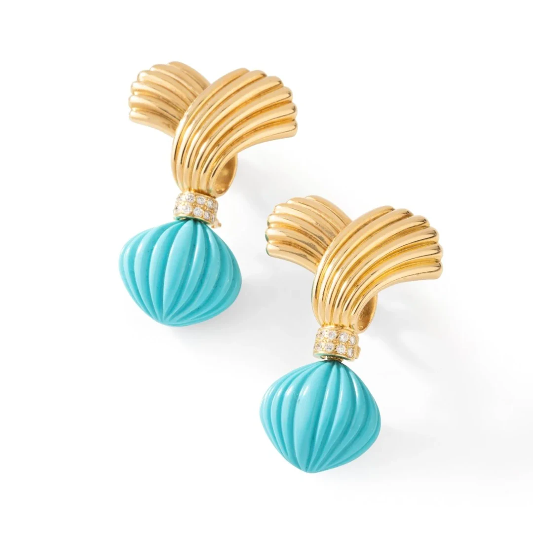 Boucles d'oreilles Pendantes en or jaune, turquoises et diamants