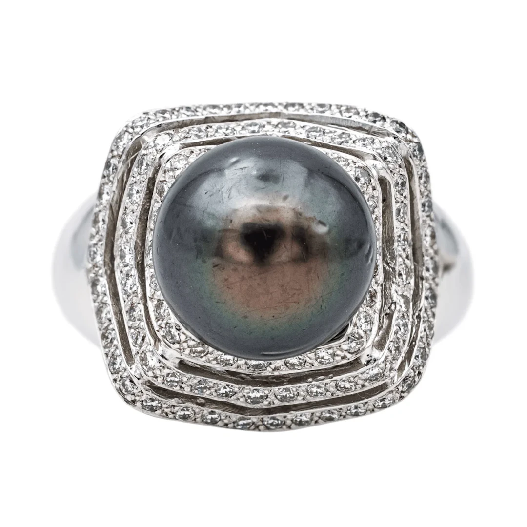 Ring Cocktail in white gold, pearl and diamonds
